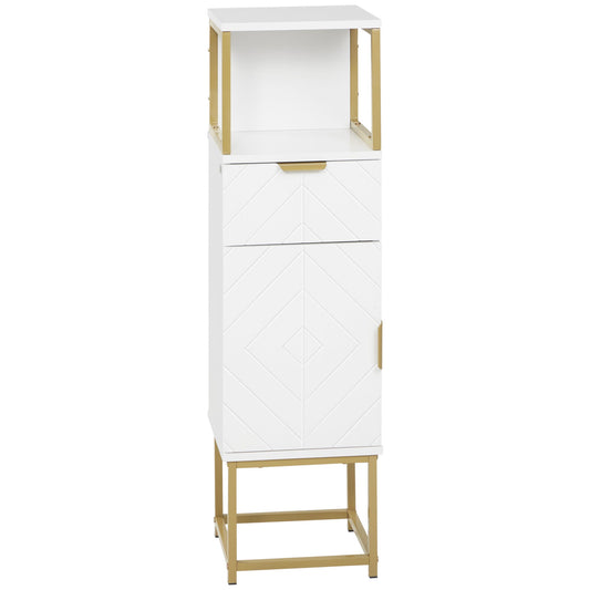 Kleankin Bathroom column mobile with drawer, cabinet and wooden shelf and metal, 30x30x105cm, white - Borgè