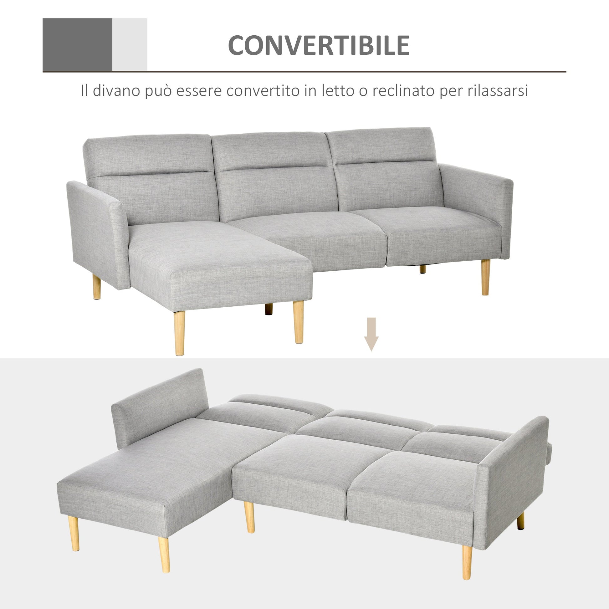 Homcom sofa bed 3 seats, angular sofa in gray fabric with adjustable backrest, Scandinavian style, 207x146x80cm - Borgè