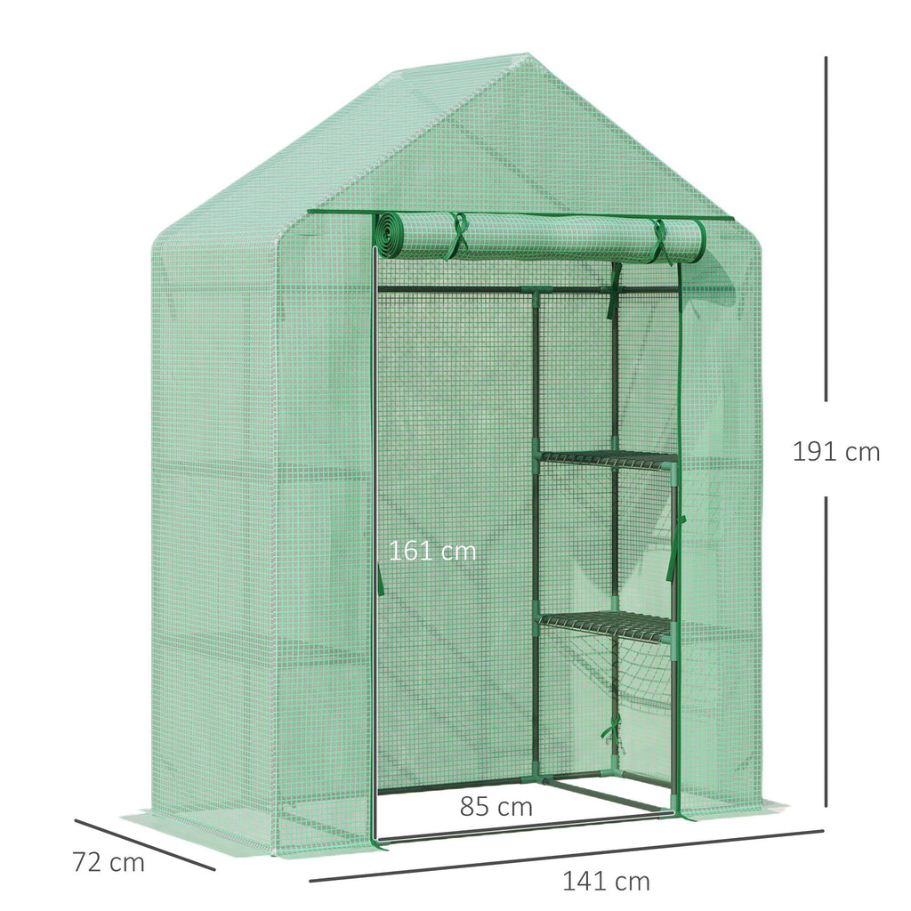 Outsunny Garden greenhouse in steel and plastic PE with 4 shelves, ropes and pickets, 141x72x191 cm, green - Borgè