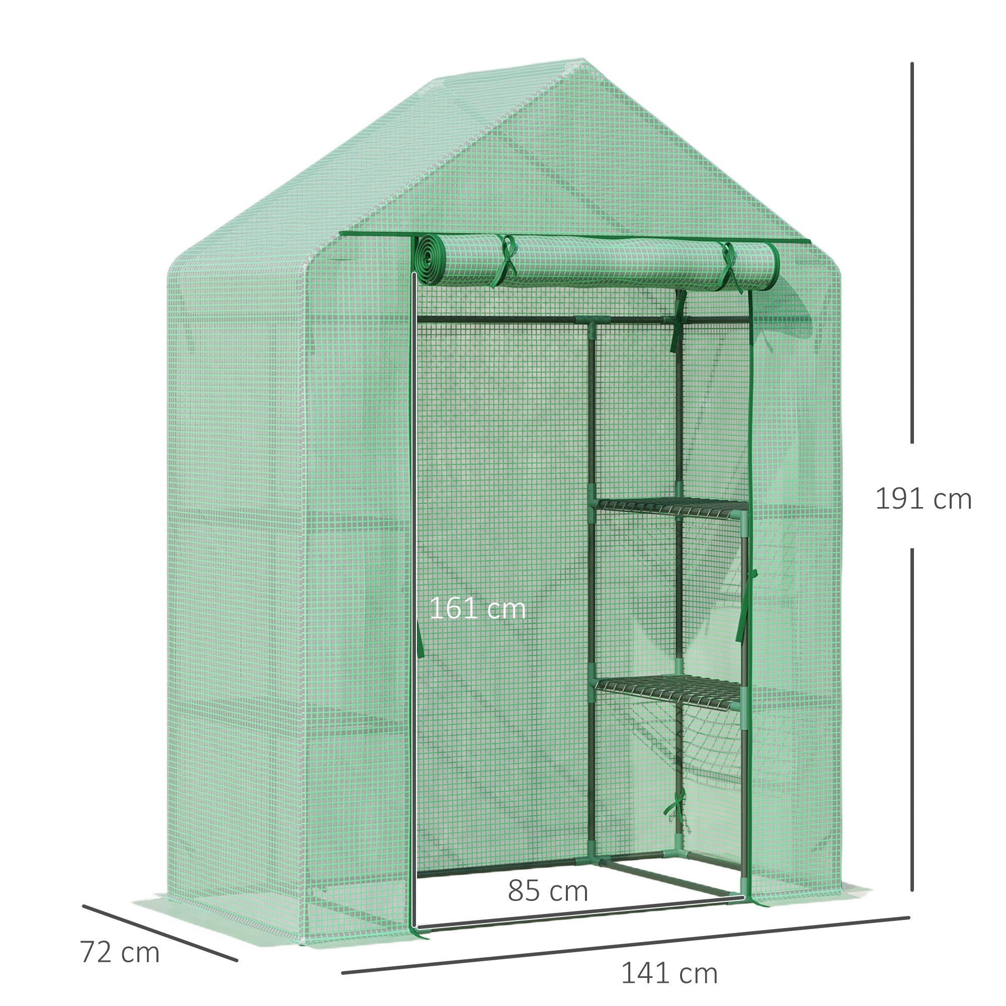 Outsunny Garden greenhouse in steel and plastic PE with 4 shelves, ropes and pickets, 141x72x191 cm, green - Borgè