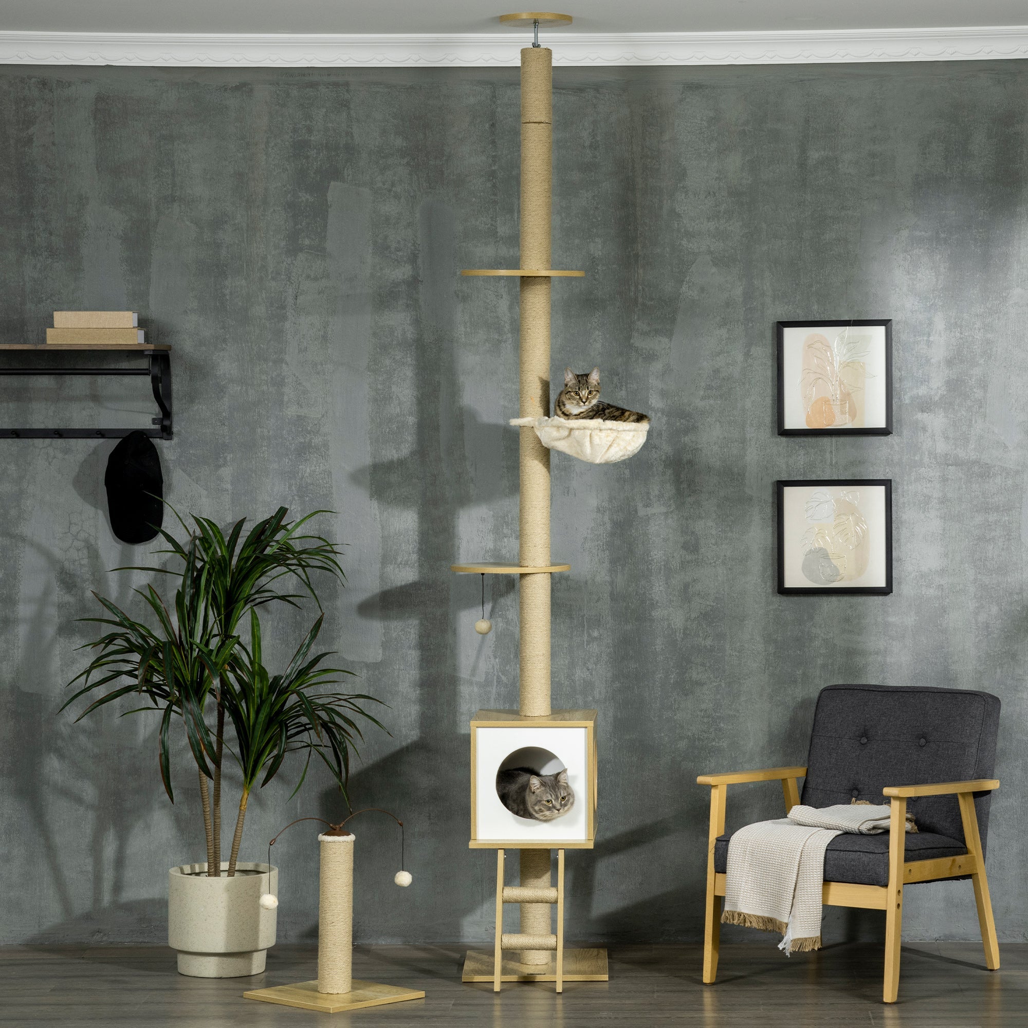 Height Adjustable Chipboard Cat Tree with Scratching Post, House, Hammock and Ball, 40x40x225-285 cm - Borge' Group Limited