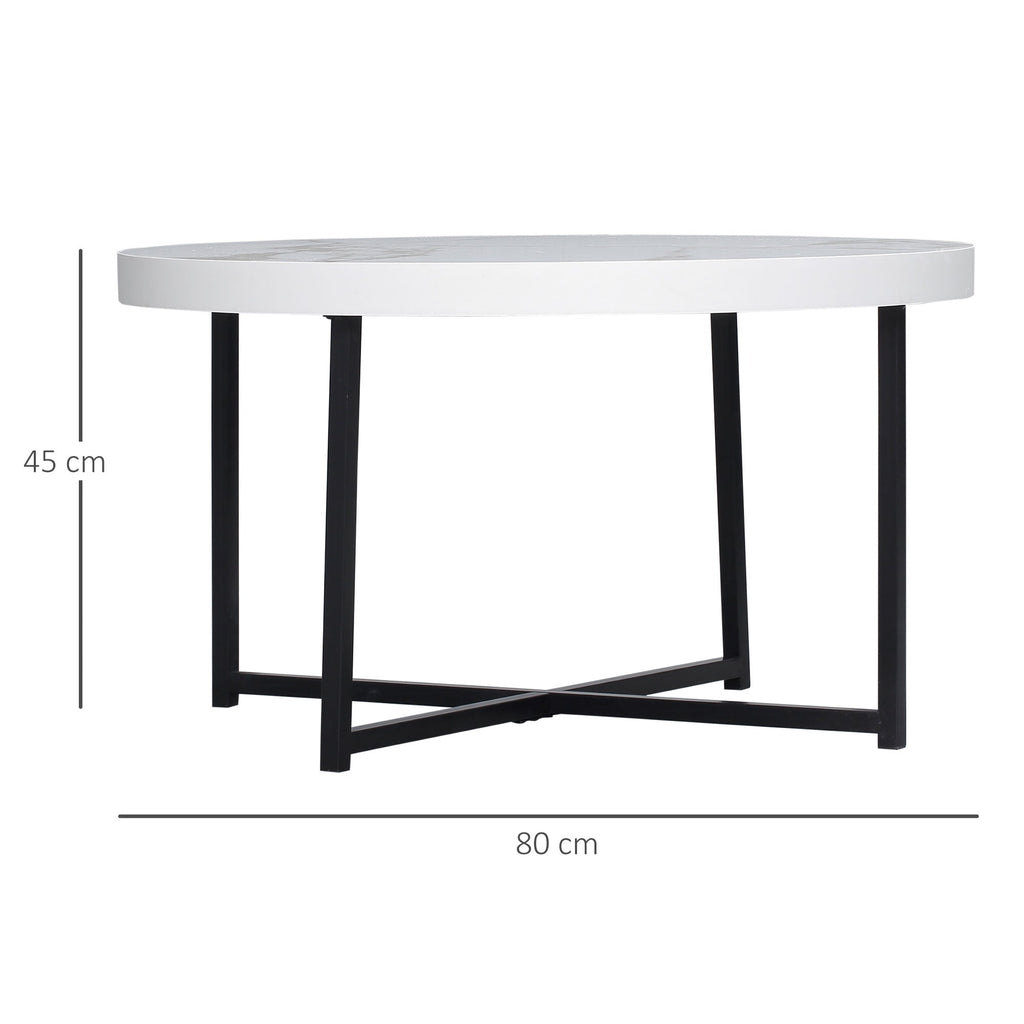 Round coffee coffee table with marble effect in mdf and metal legs, φ80x45 cm, white - Borgè