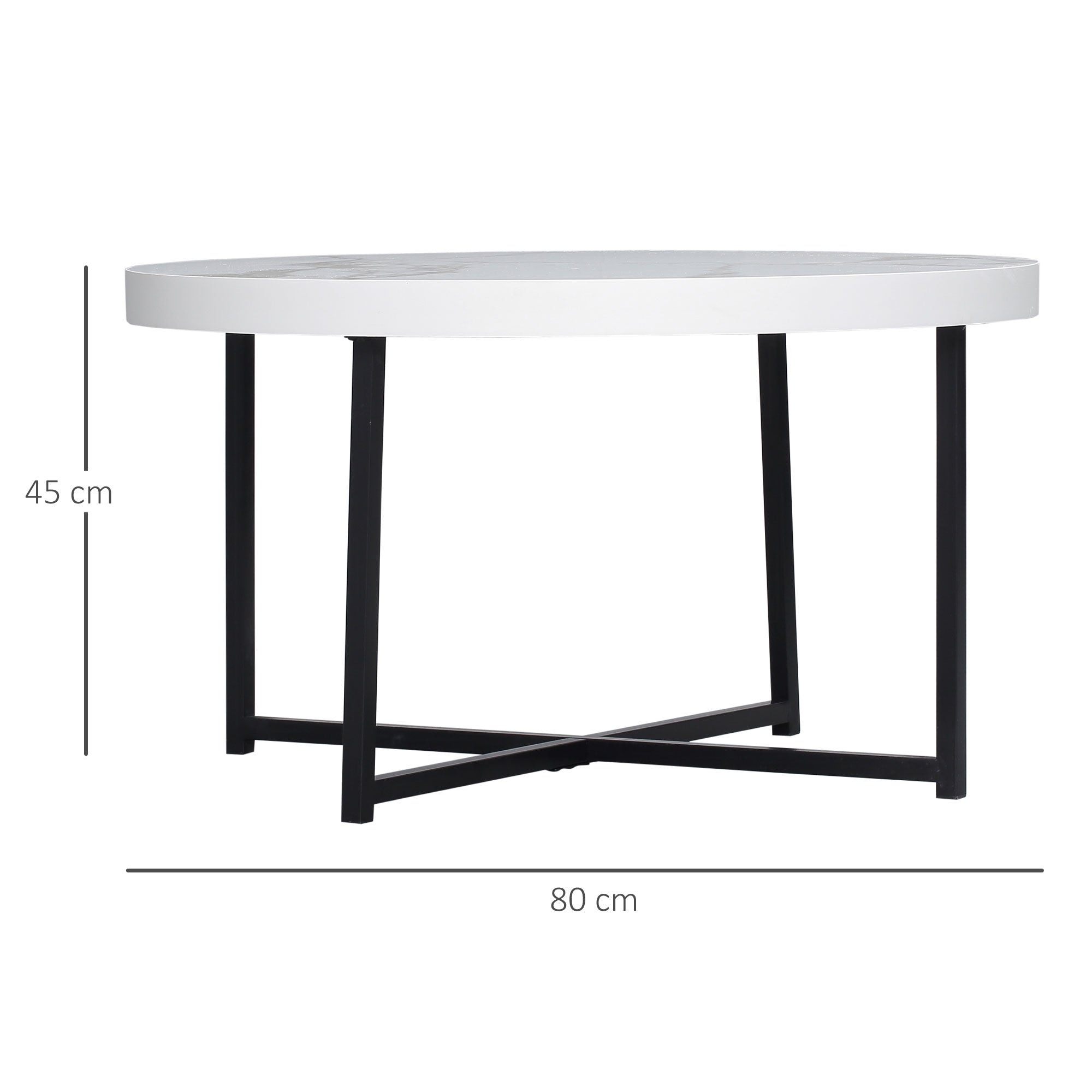 Round coffee coffee table with marble effect in mdf and metal legs, φ80x45 cm, white - Borgè