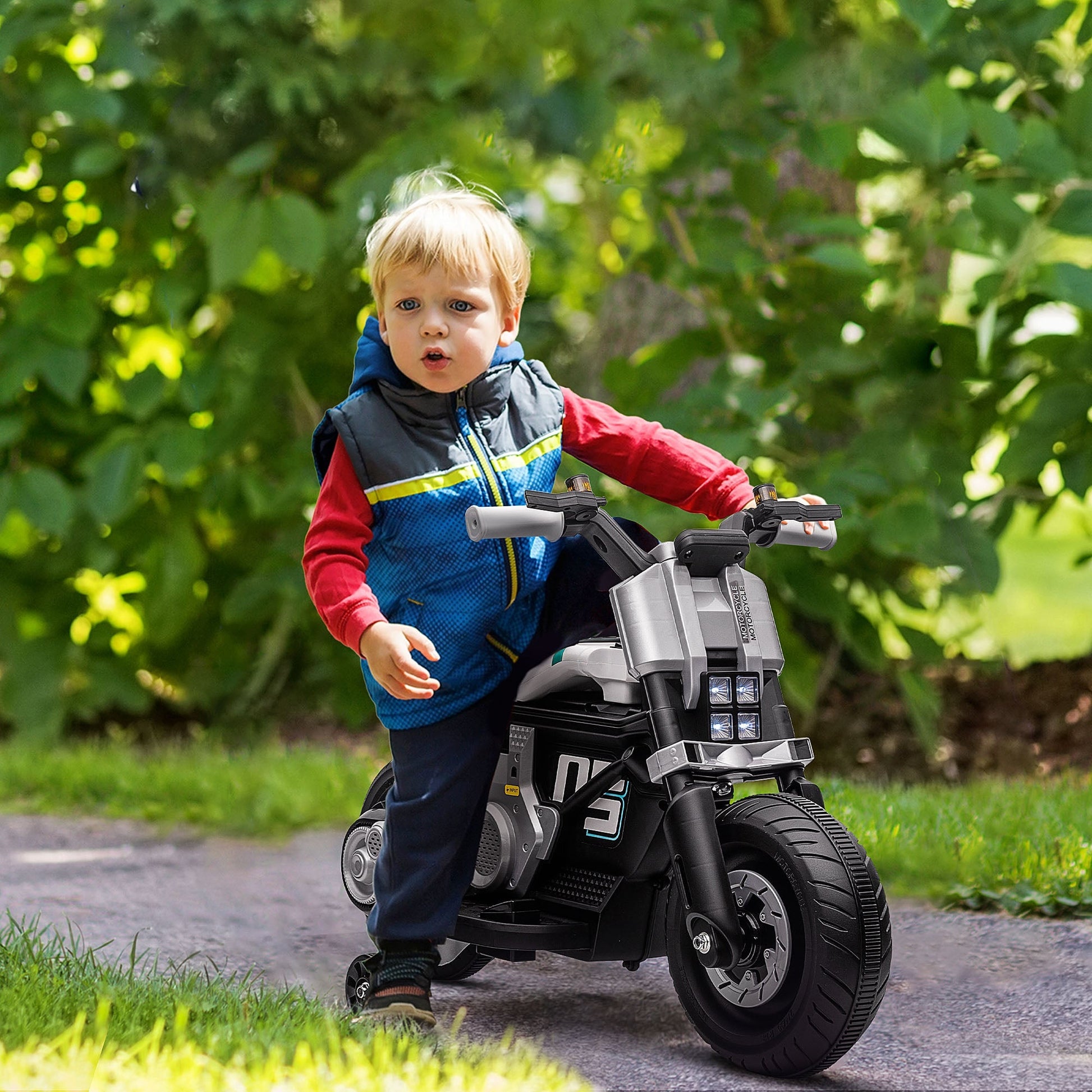 electric motorcycle for children 3-5 years in pp and metal with wheels, horn and music, 86x44x58 cm, white and black - Borgè