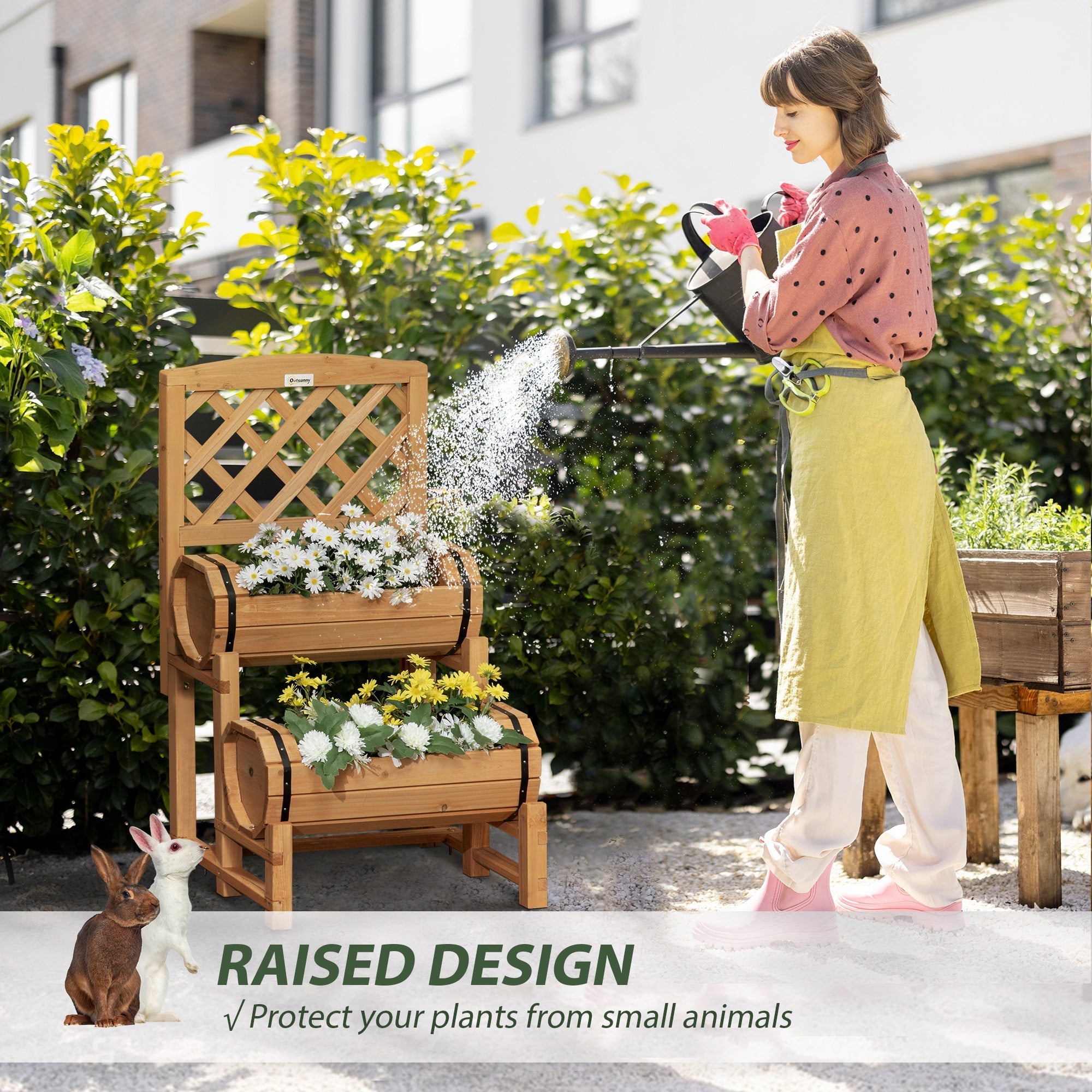Half Barrel Outdoor Planter in Fir Wood with Raised Vertical Design, 45x45x80 cm - Borge' Group Limited