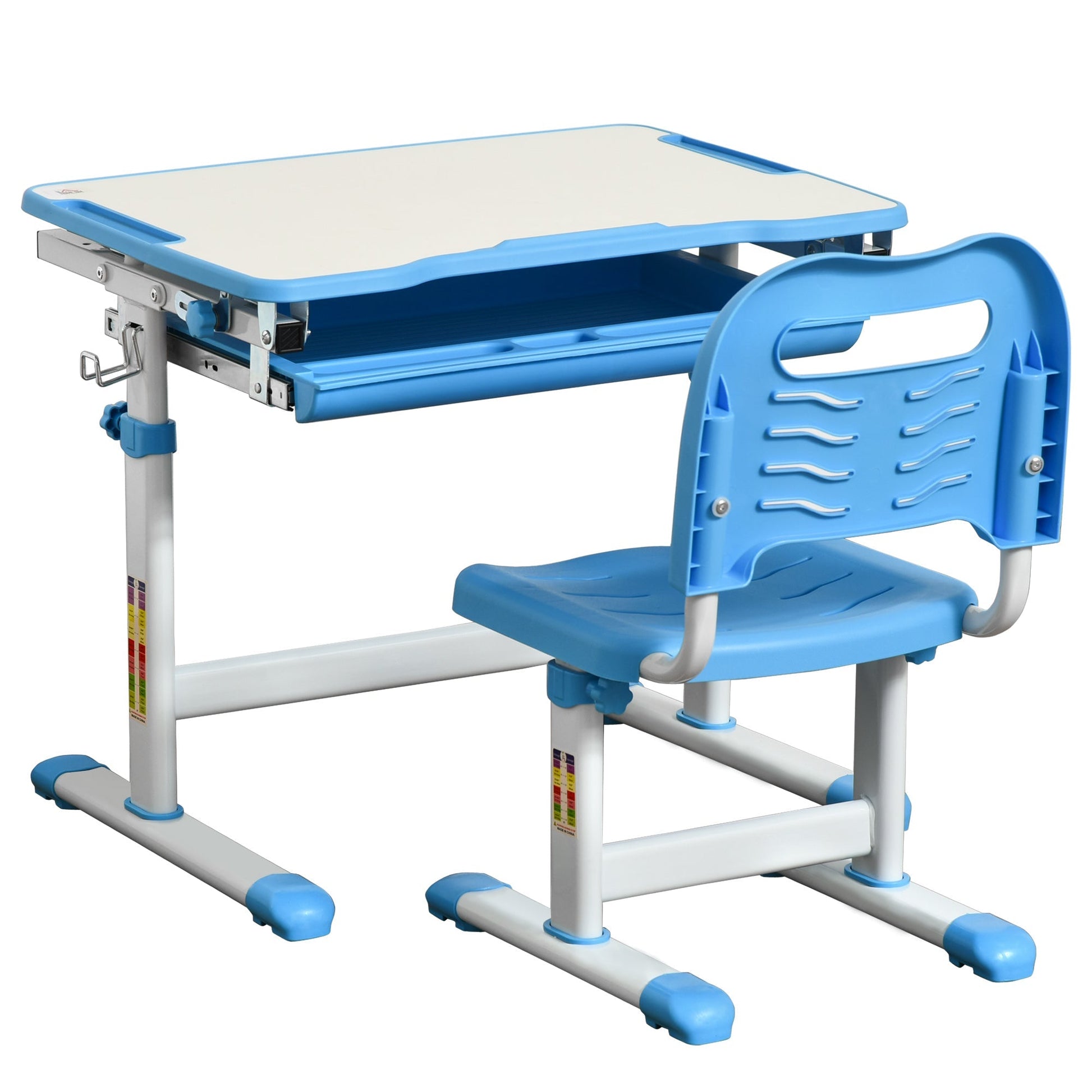 school desk with height adjustable chair for children 6-12 years, drawer and tilted plan at 45 Â°, steel and mdf, blue - Borgè