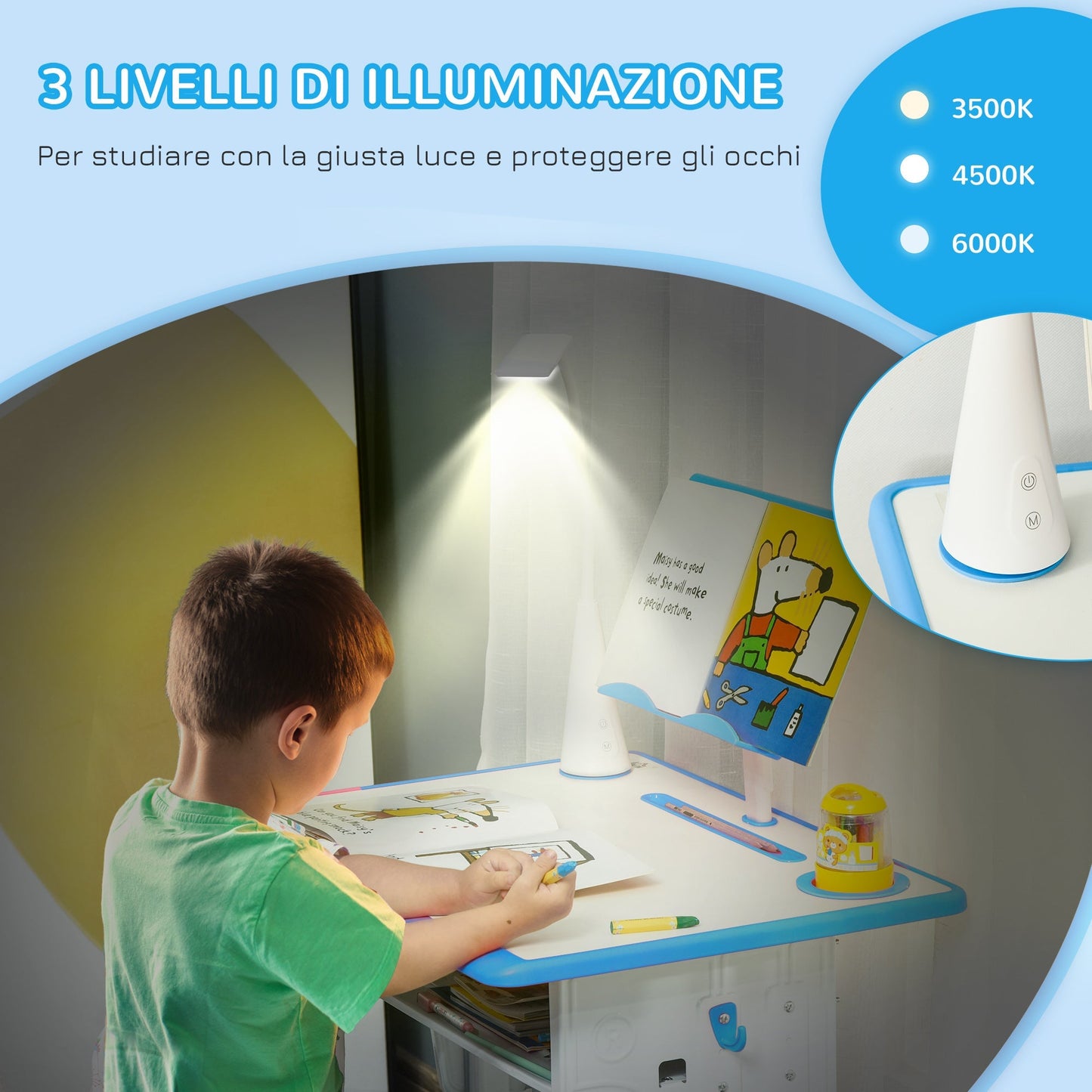 School desk with children's chair 6-12 years adjustable height lectern LED lamp and cappenen - blue - Borgè