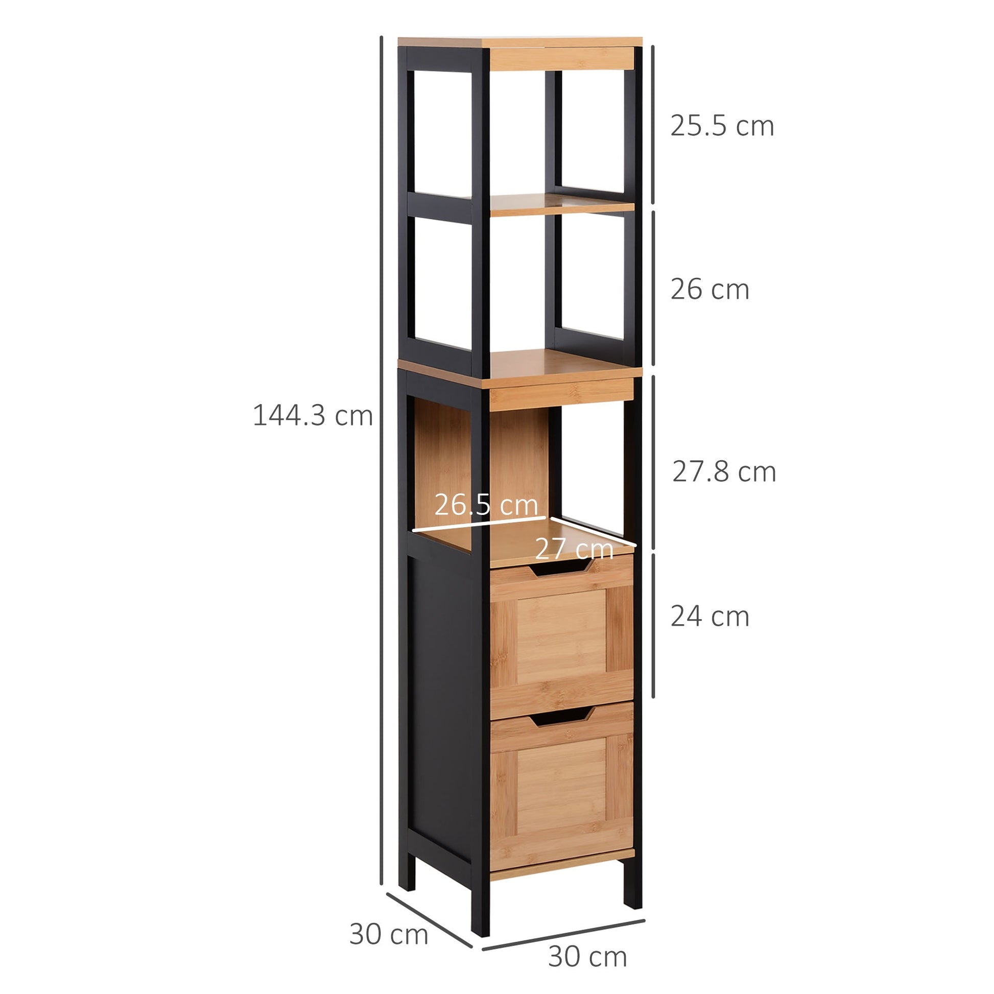 Kleankin Bathroom column with 2 drawers and 3 open rooms in MDF wood and bamboo 30x30x144.3 cm - Borgè