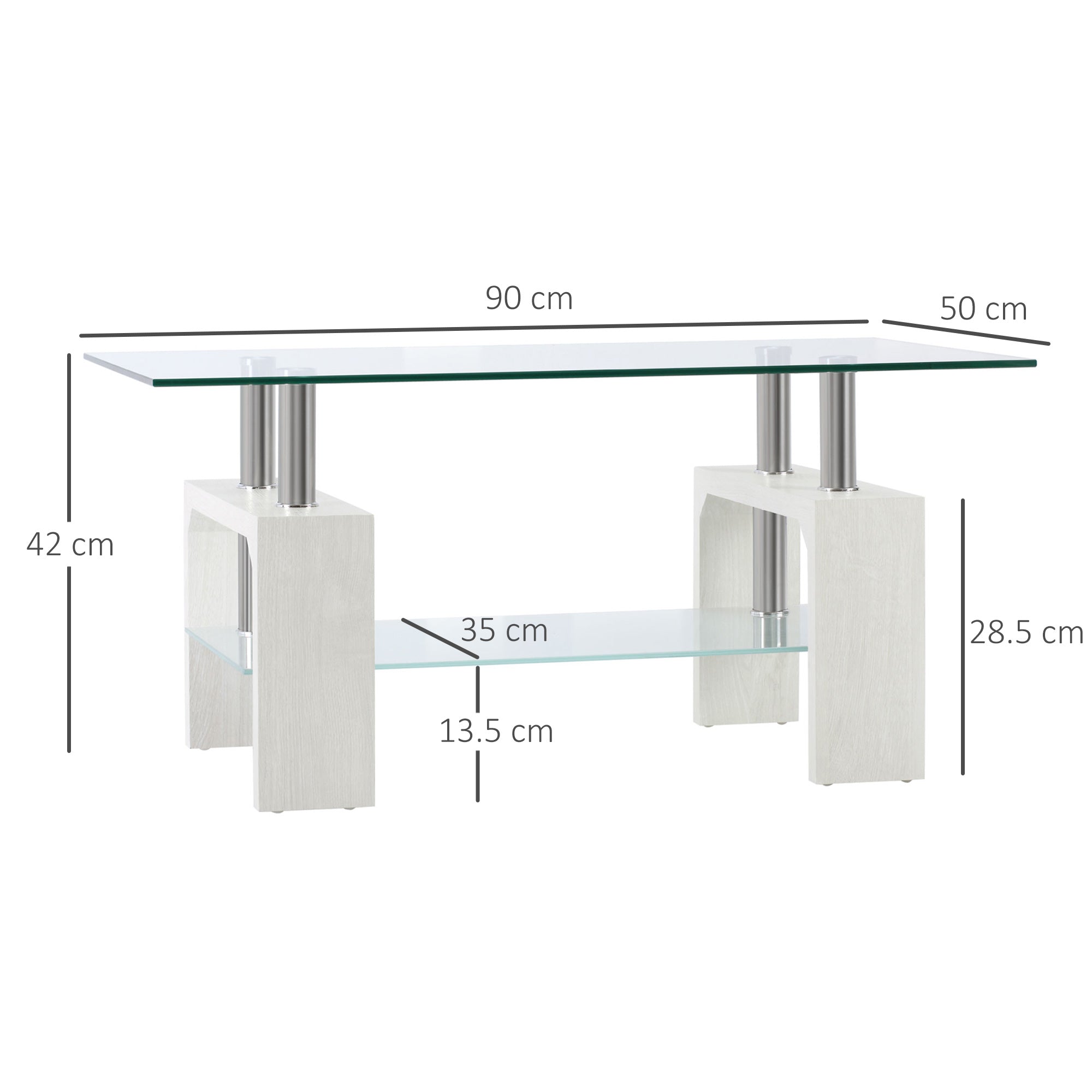 Modern coffee table with 2 levels in glass and wood, 90x50x42cm, white - Borgè