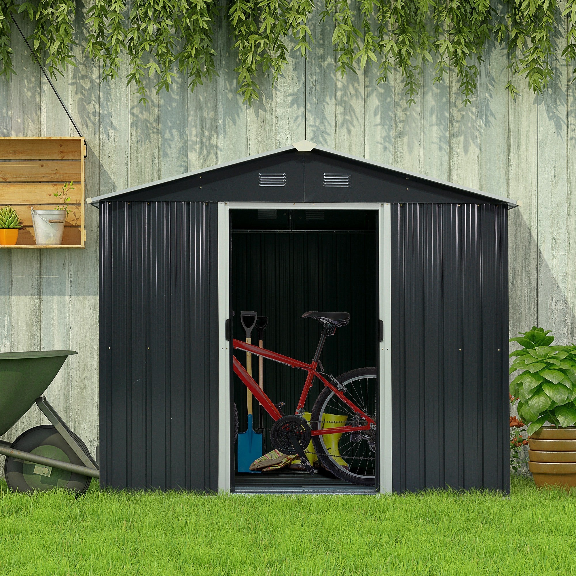 Garden Shed 3.6m² Steel Sheet Tool Storage, Outdoor Tool Shed with 2 Sliding Doors and 4 Ventilation Outlets, 236x174x190cm, Dark Grey - Borge' Group Limited