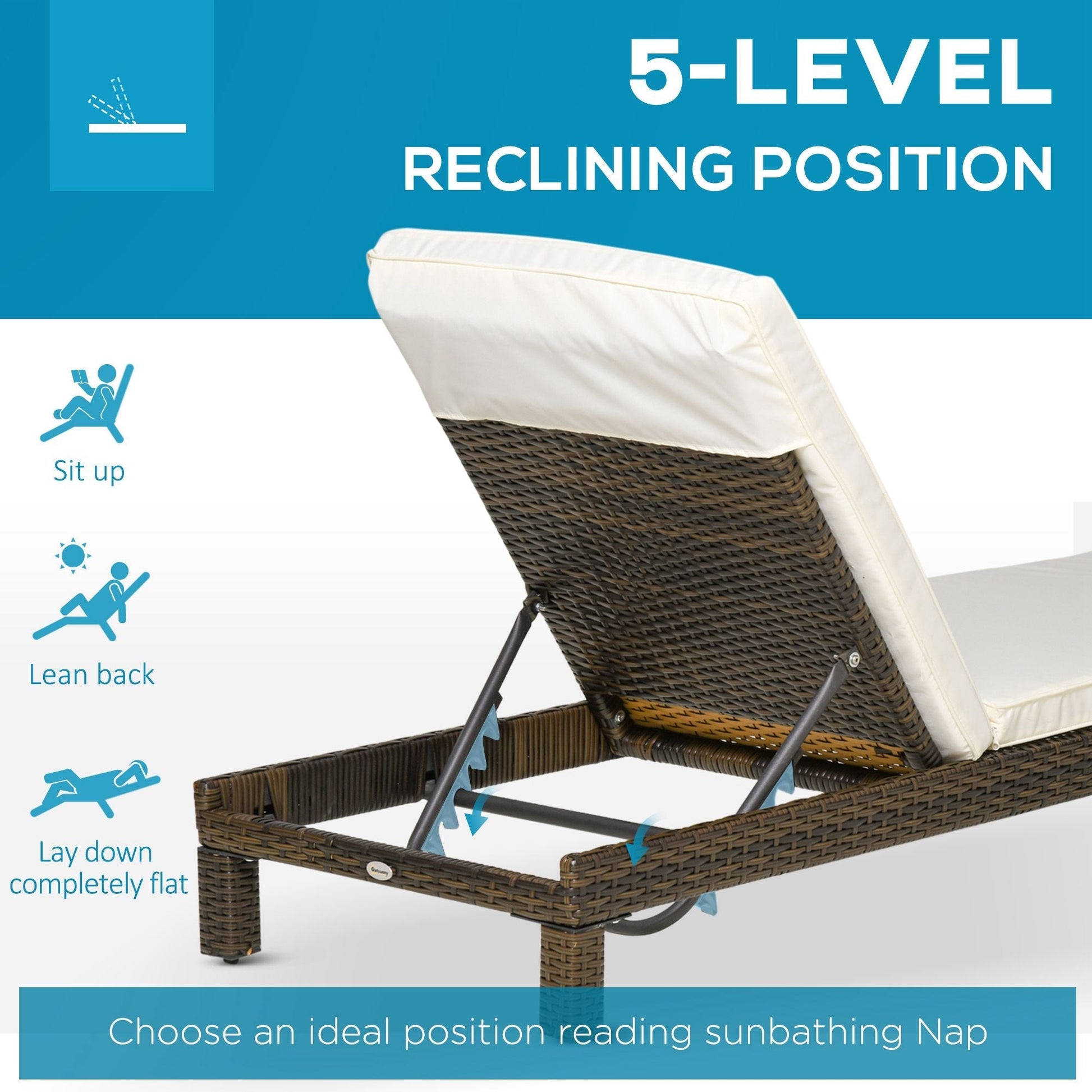 Outsunny Set 2 sunbathing beds in Rattan PE with pillow and back 5 reclinations, 196x60x22cm - Borgè