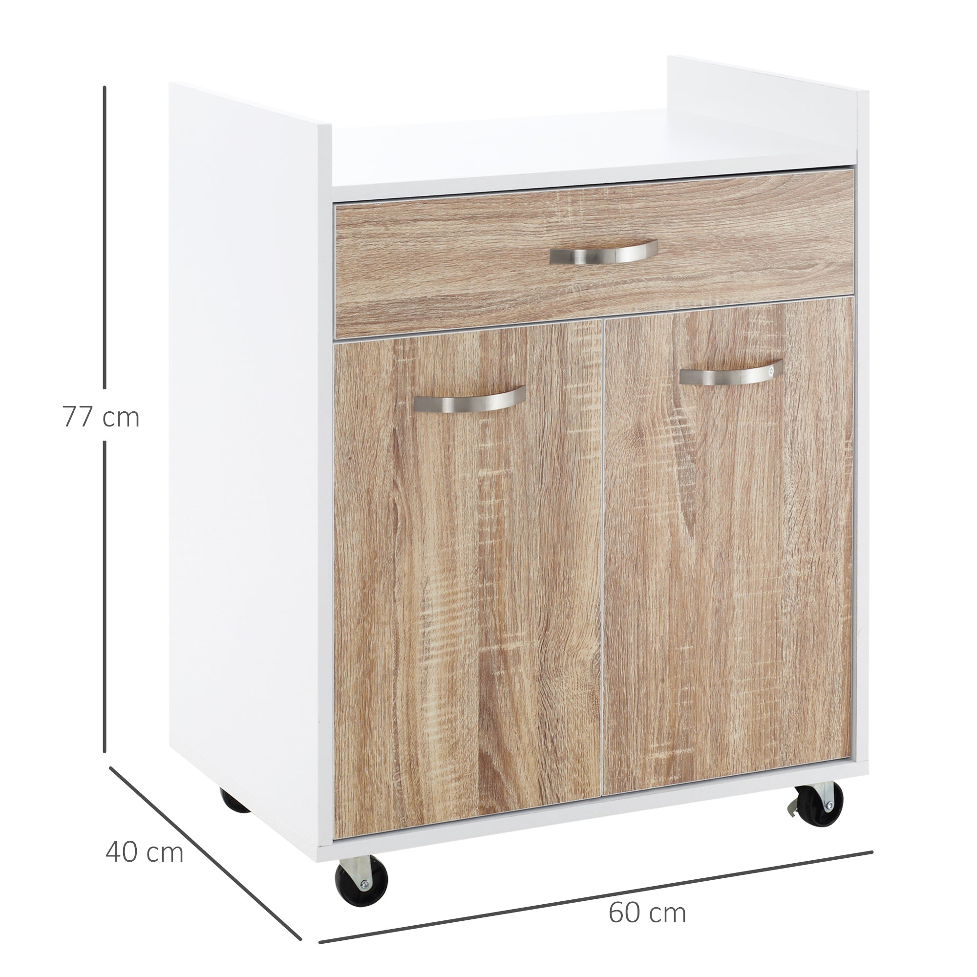 Kitchen Trolley Road for microwave with drawer, locker and 4 wheels, in wood, 60x40x77cm - white/oak - Borgè