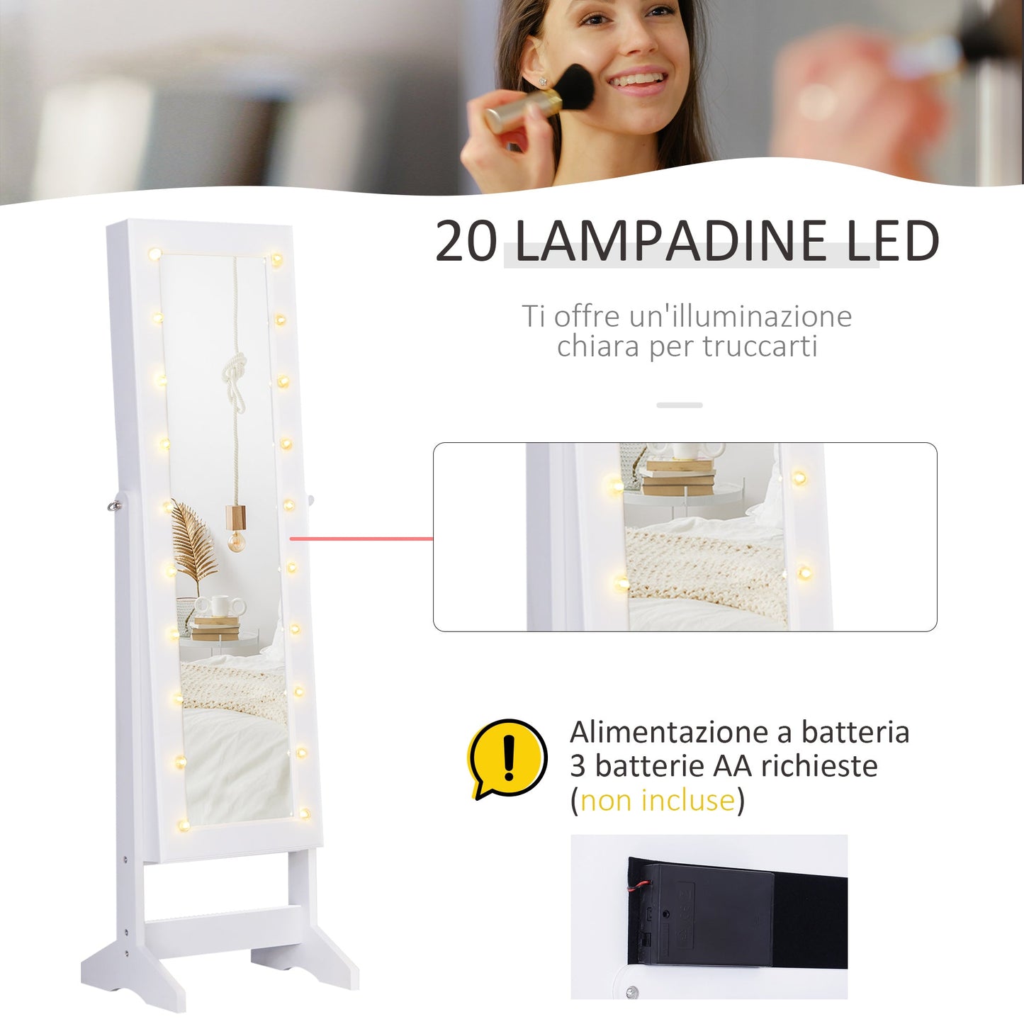 mirror jewelry wardrobe with 20 led lights, white, 40x37x146 cm - Borgè