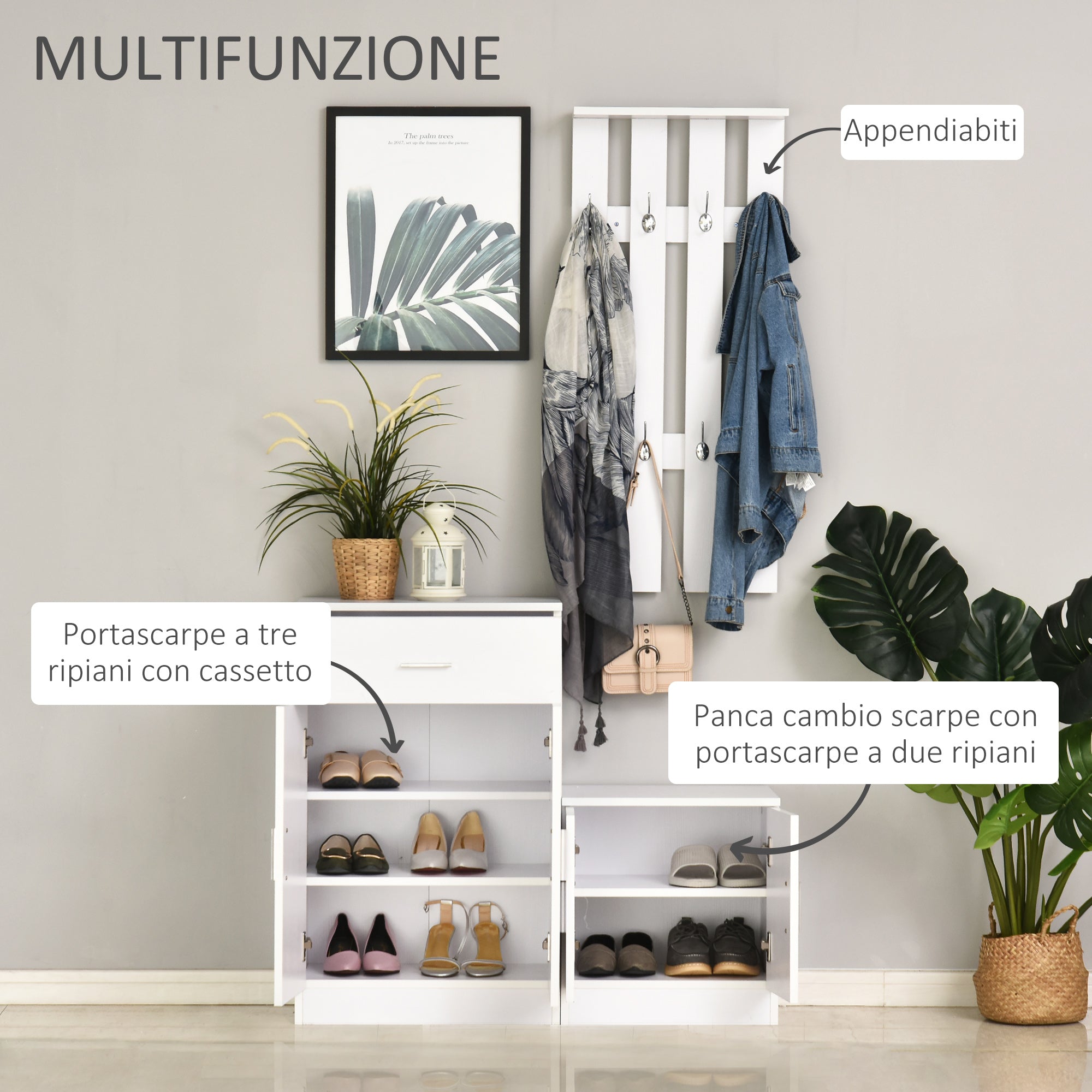 Homcom Scarpper with combination hangers for entrance and wooden bedroom 100x32x187cm white - Borgè