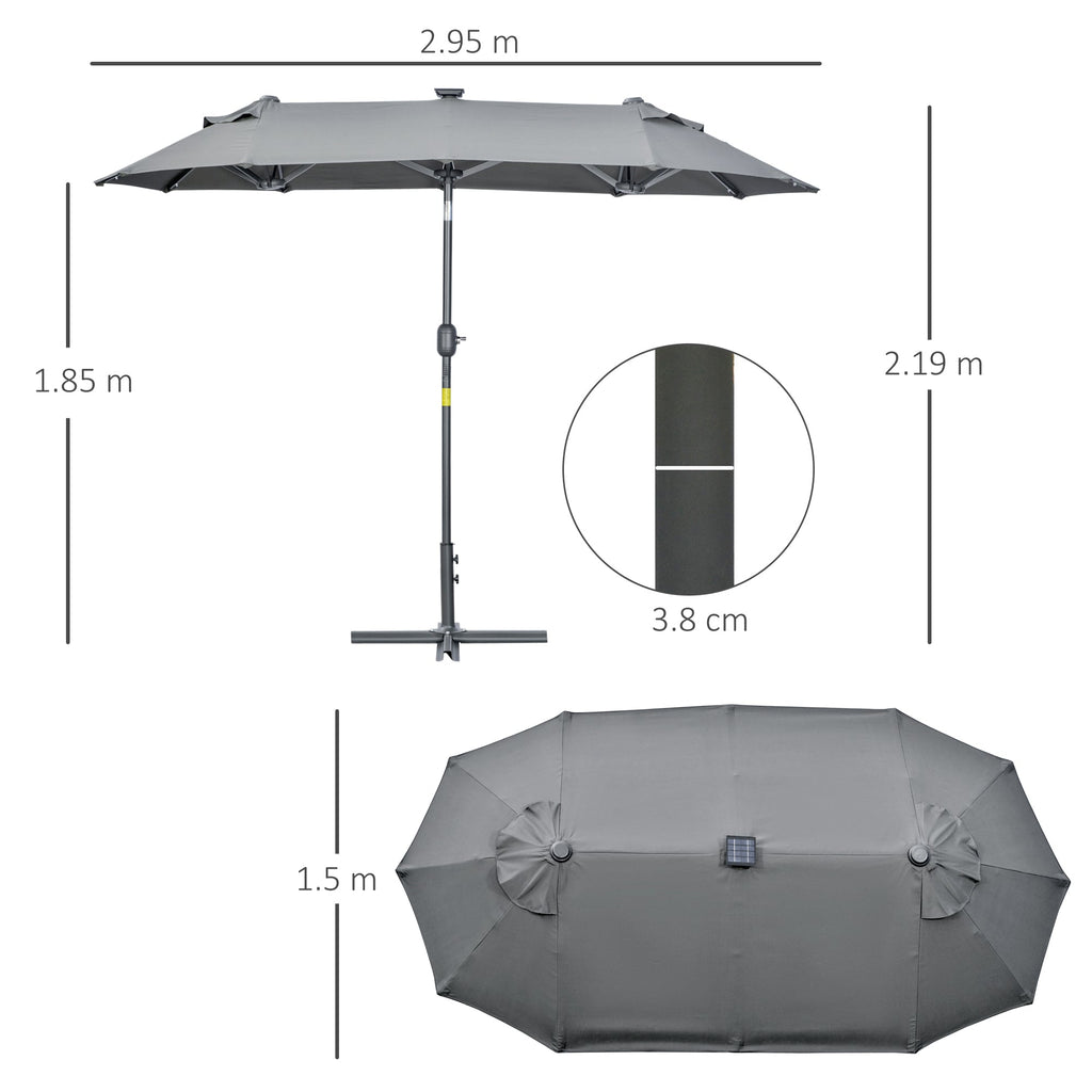 Double Parasol with Cross Base and Solar Lights, 295x150x219cm, Grey - Borge' Group Limited