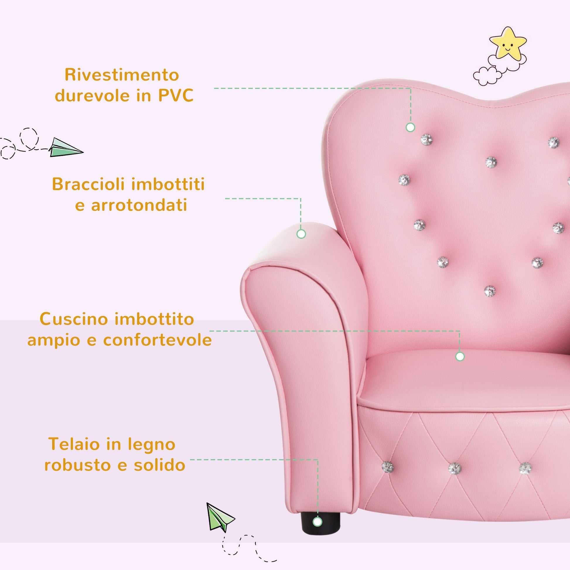 armroncin for padded children, bedroom armchair with pvc coating and wooden structure, 59x41.5x49cm, pink - Borgè