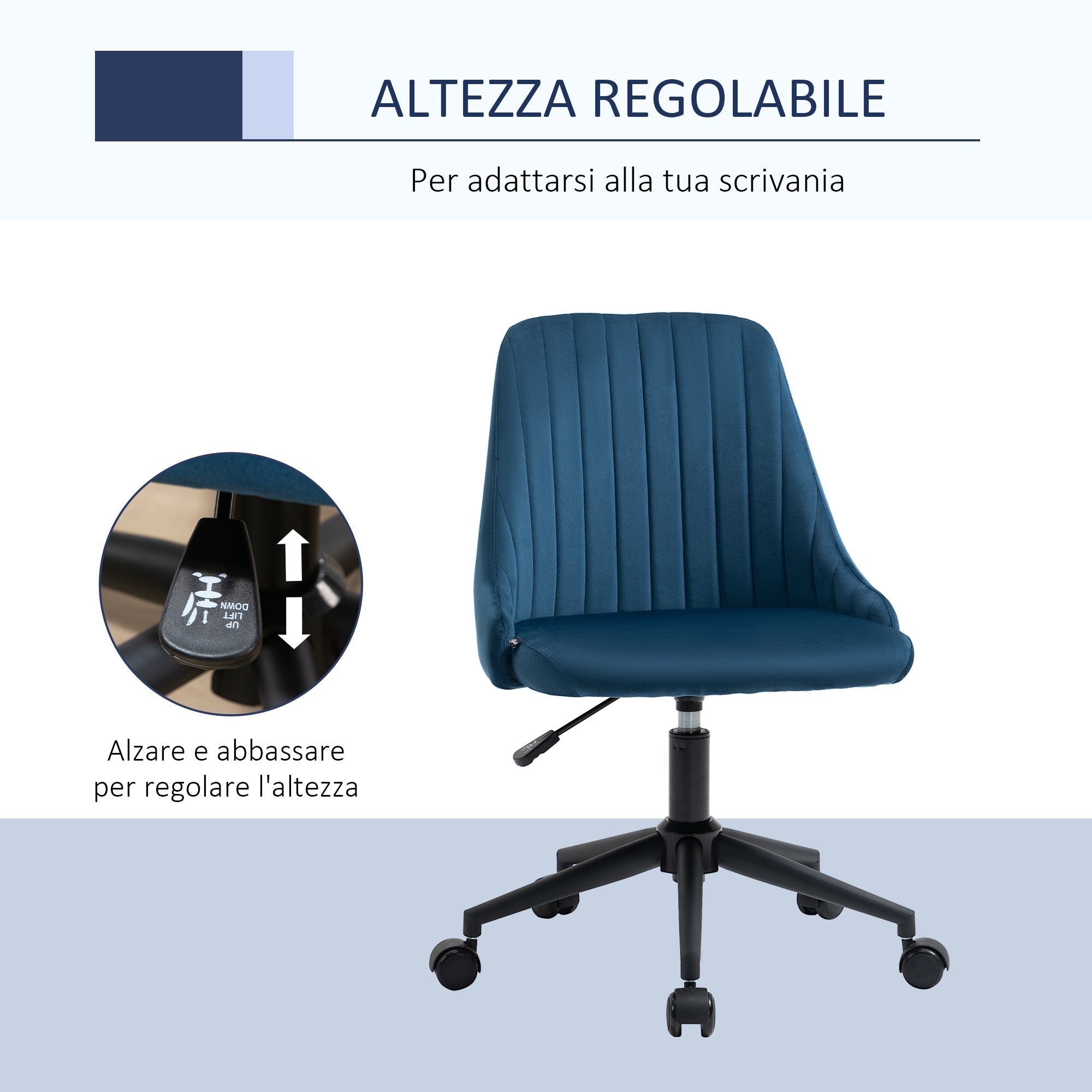 Vicetto swivel ergonomic office chair with adjustable height in velvet - blue - Borgè