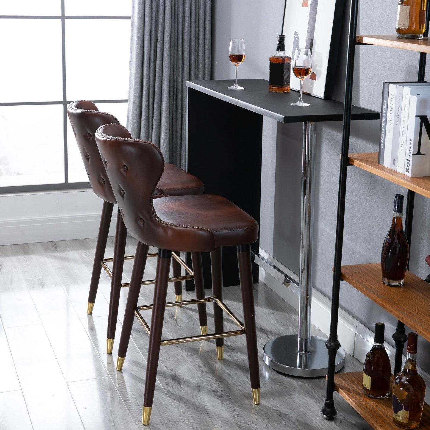 Set 2 high bar stools padded in brown and gold industrial style - Borgè