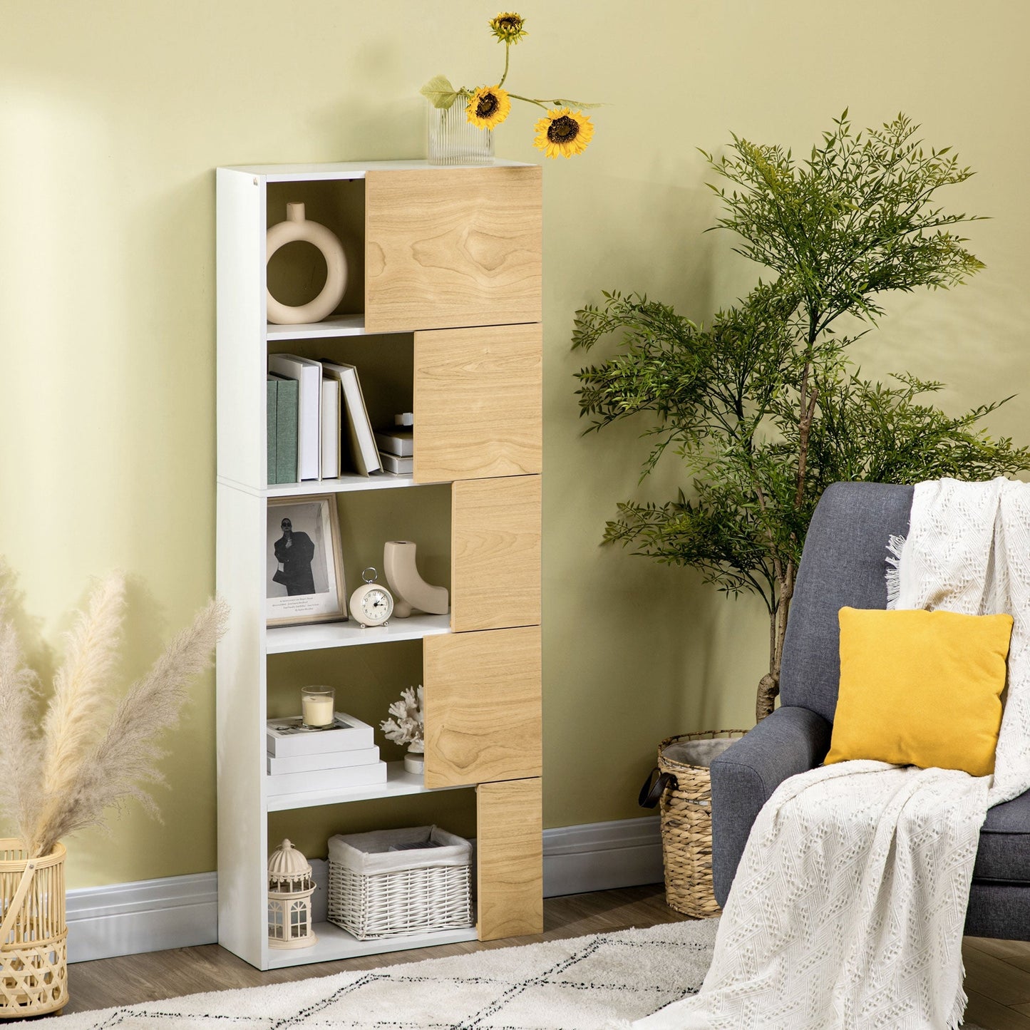 Homonda Modern Library with asymmetrical shelves and soft close doors, 63x22x166cm, white and natural