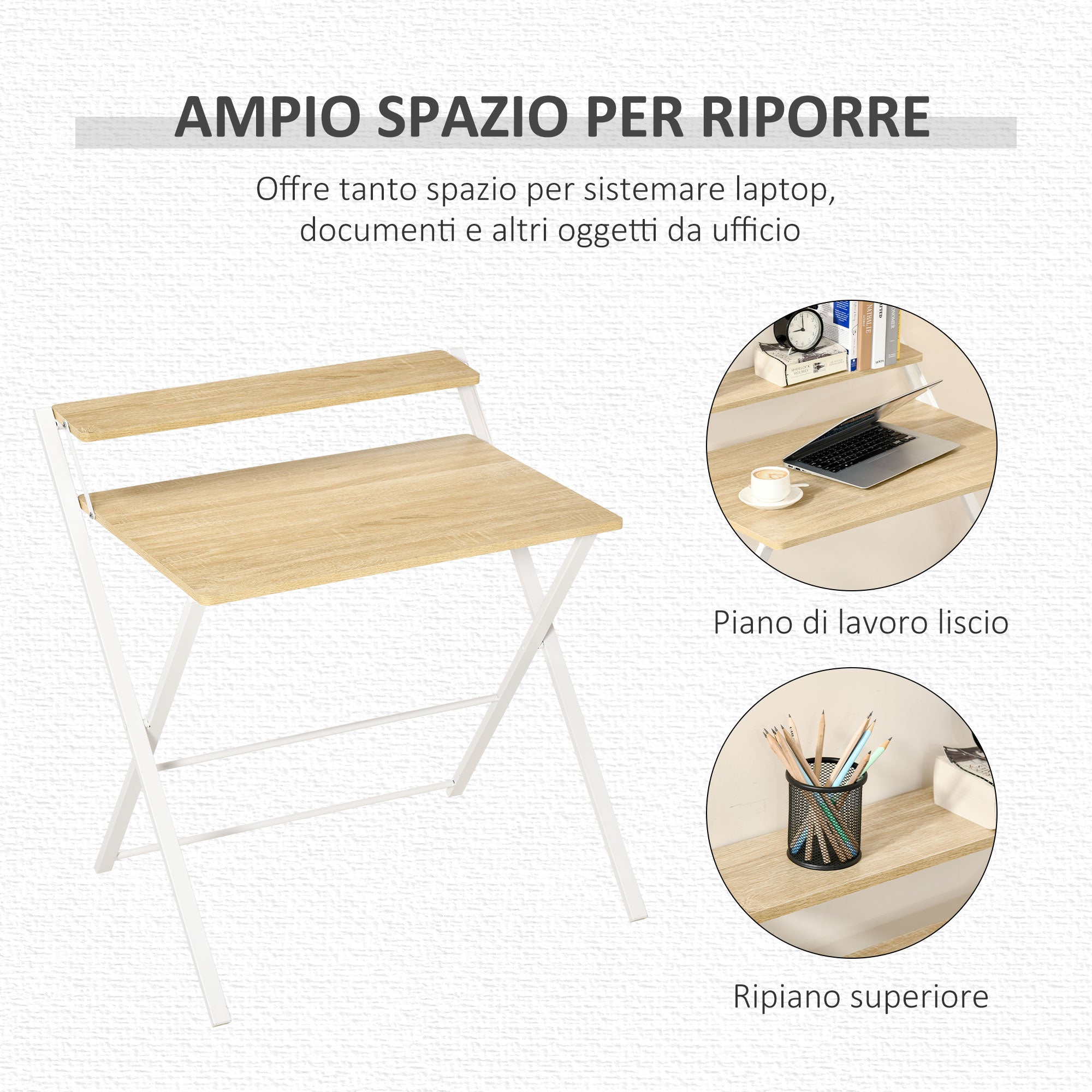 Folding Desk Space with Superior Shelf for Room and Office, 81.5x70x84cm, Wood and White Color - Borgè