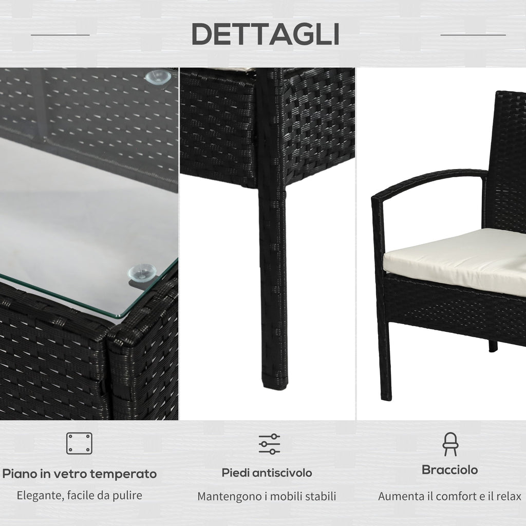 Outdoor Set 4 Piece PE Rattan with Garden Table, 2 Armchairs and 2 Seater Sofa, Black and Cream - Borge' Group Limited