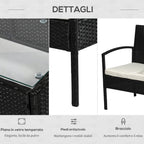 Outdoor Set 4 Piece PE Rattan with Garden Table, 2 Armchairs and 2 Seater Sofa, Black and Cream - Borge' Group Limited