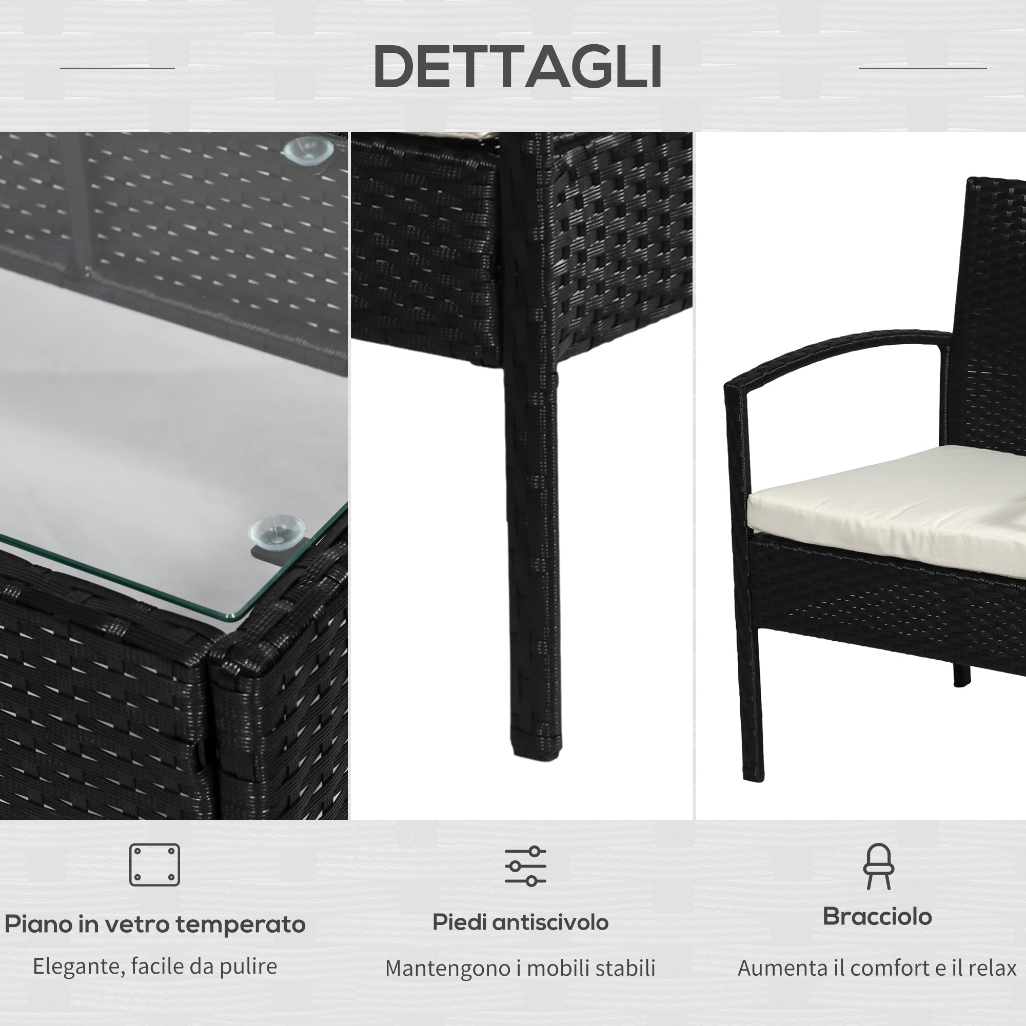 Outdoor Set 4 Piece PE Rattan with Garden Table, 2 Armchairs and 2 Seater Sofa, Black and Cream - Borge' Group Limited
