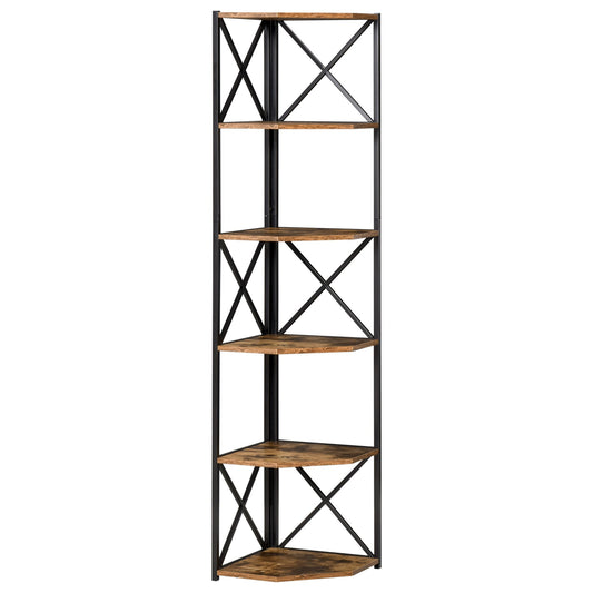 Wall Corner Bookcase, Industrial Style Shelf in Wood and Metal with 5 Shelves, 39x39x175cm, Rustic Brown - Borgè