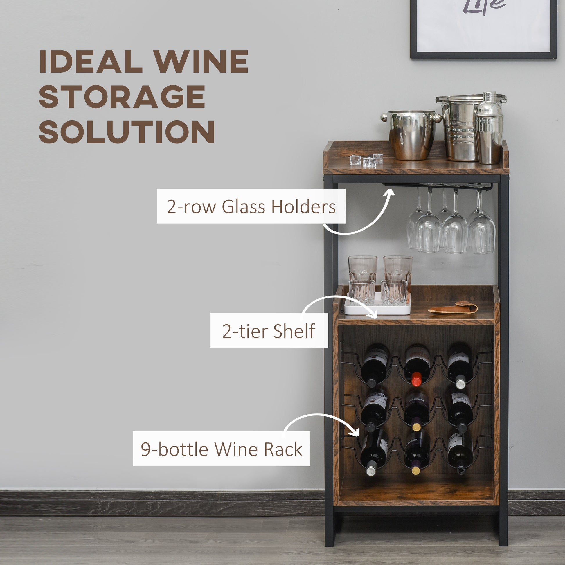 Homcom Mobile Industrial Style Door Cantinetta Wine for 9 bottles and holders, brown - Borgè