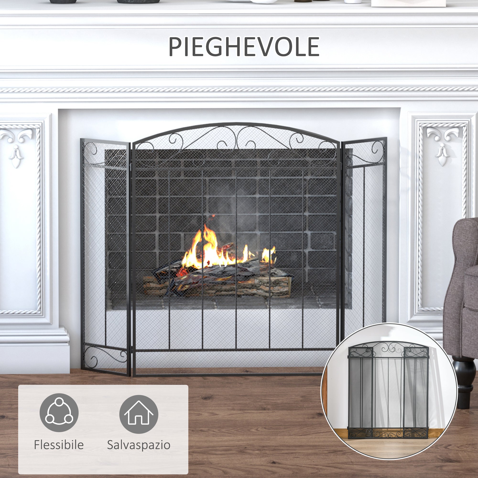 Parascintille fireplace with 3 folding panels - Black - Borgè