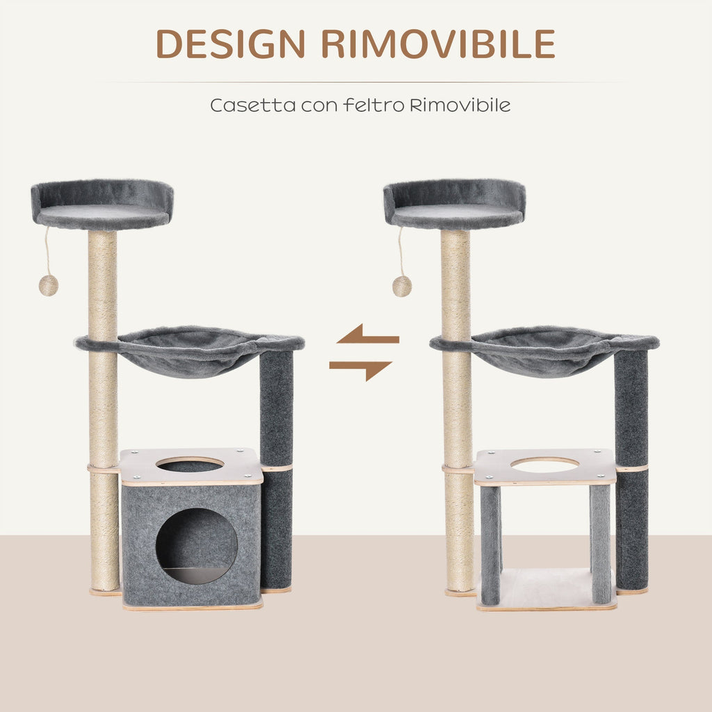 Tree with House, Hammock, Play Ball, Kennel and Sisal Ropes, 48x34x95cm, Grey - Borge' Group Limited