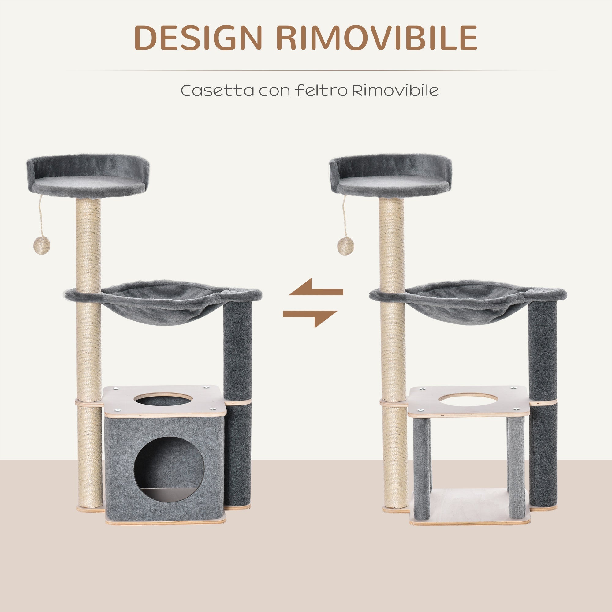 Tree with House, Hammock, Play Ball, Kennel and Sisal Ropes, 48x34x95cm, Grey - Borge' Group Limited