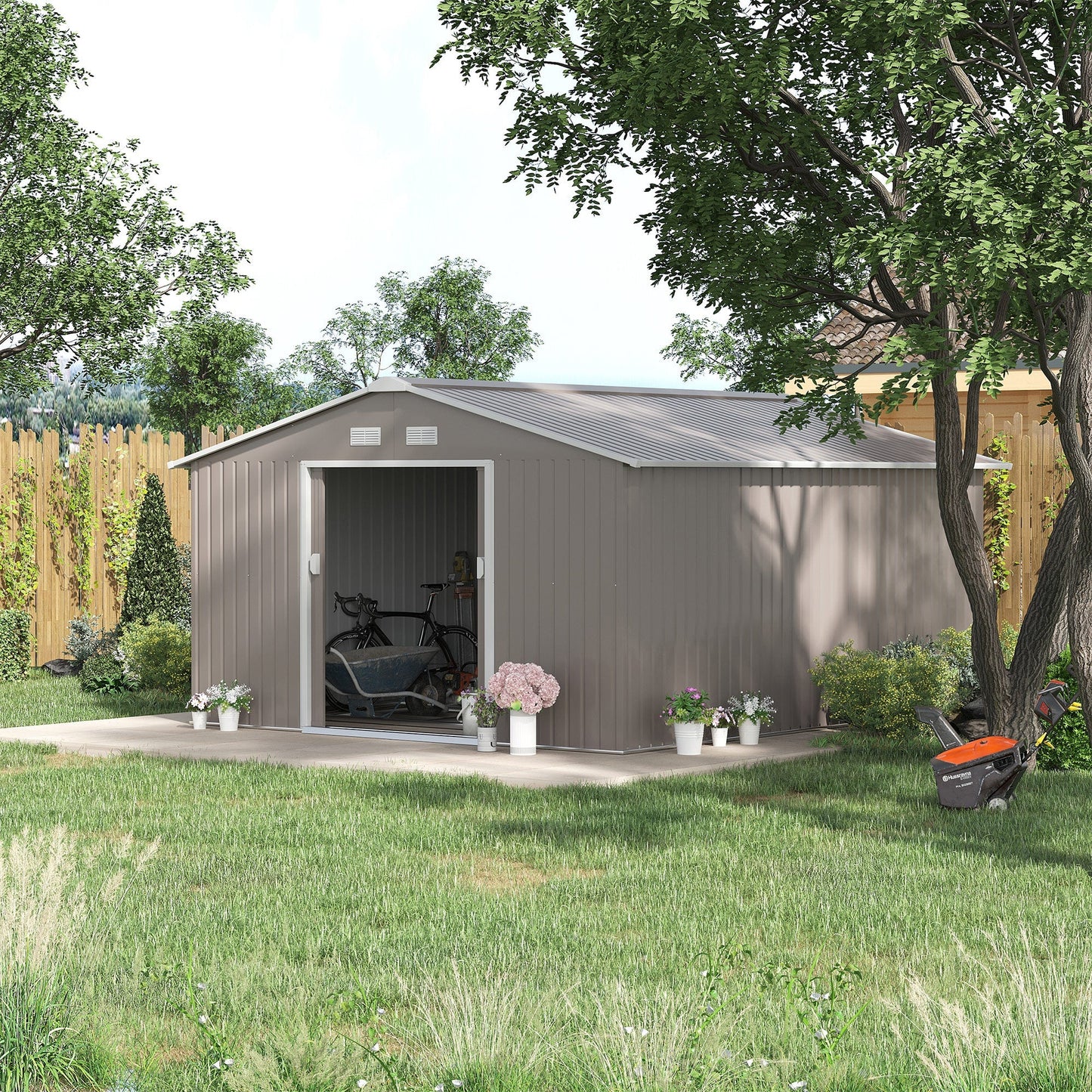 Outsunny garden house with sliding doors and inclined roof, in steel and pp, 340x386x200 cm, gray - Borgè