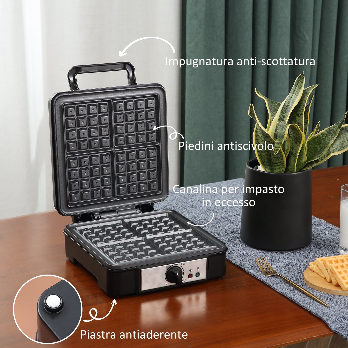 Waffle machine with non -stick plates and adjustable temperature, 1200w, black