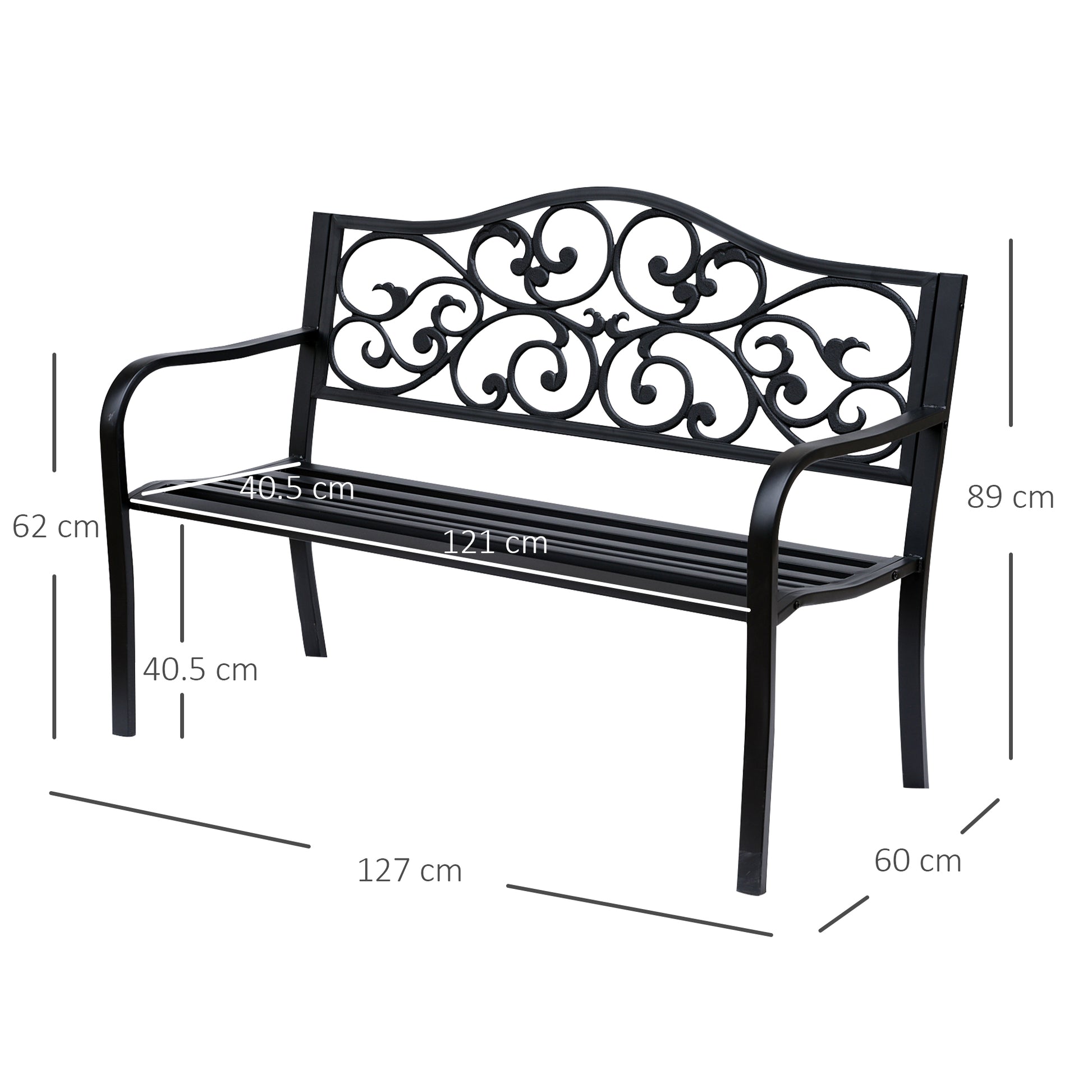 Outsunny Garden bench 2 seats with ice cast iron and metal backrest, 127x60x89cm, black - Borgè