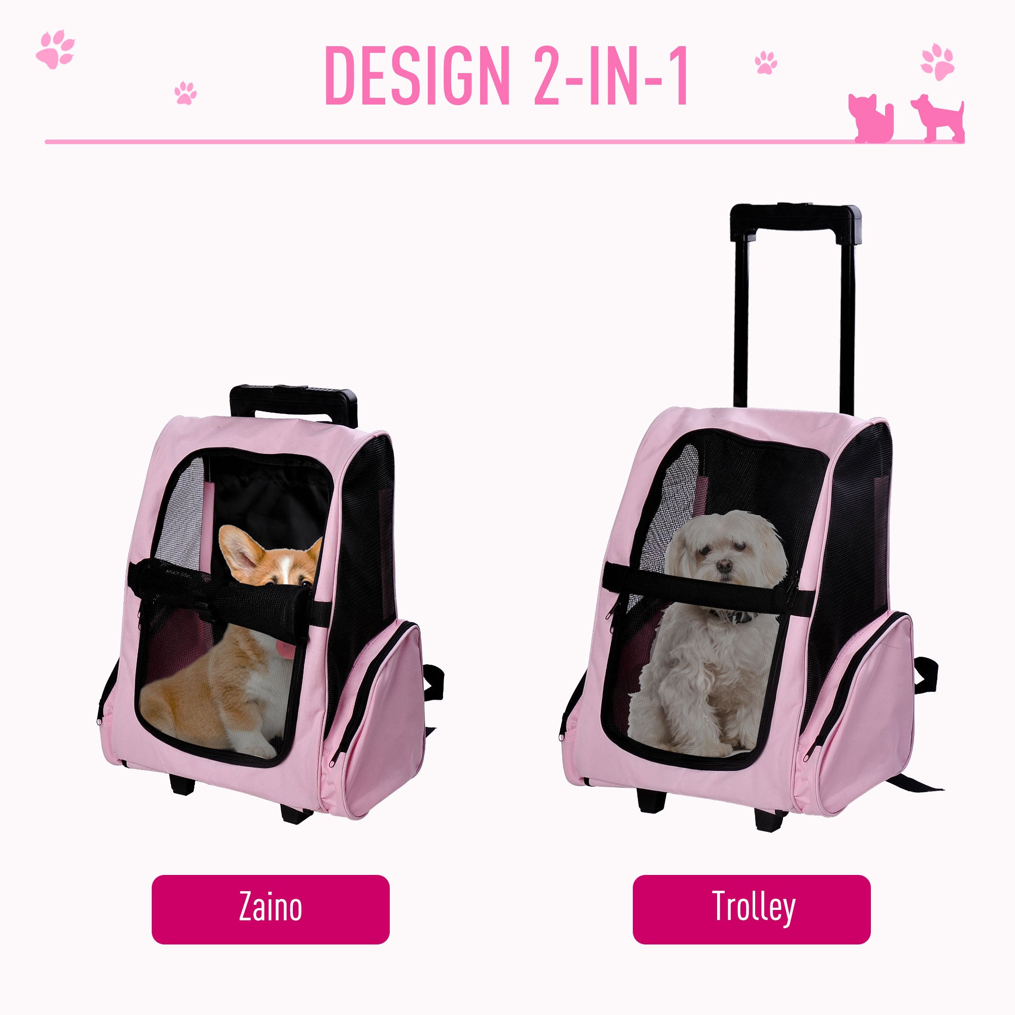 2 in 1 Dog and Cat Carrier Backpack with Side Pockets, Telescopic Handle and Wheels, 42x25x55cm, Pink - Borge' Group Limited