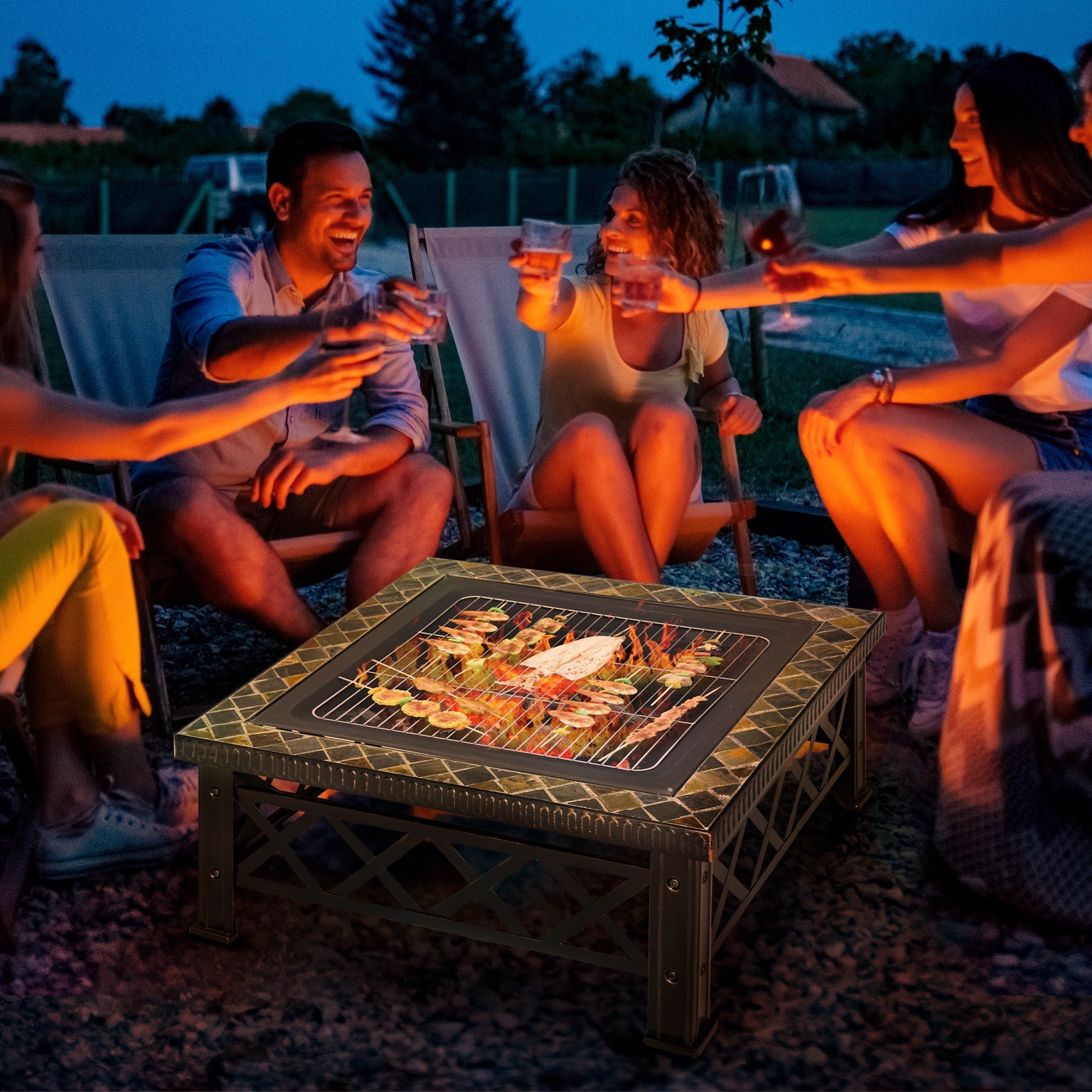 SIENA | Garden Fire Pit with Lid Spark Guard and Metal BBQ Grill 76x76x47cm Black - Borge' Group Limited