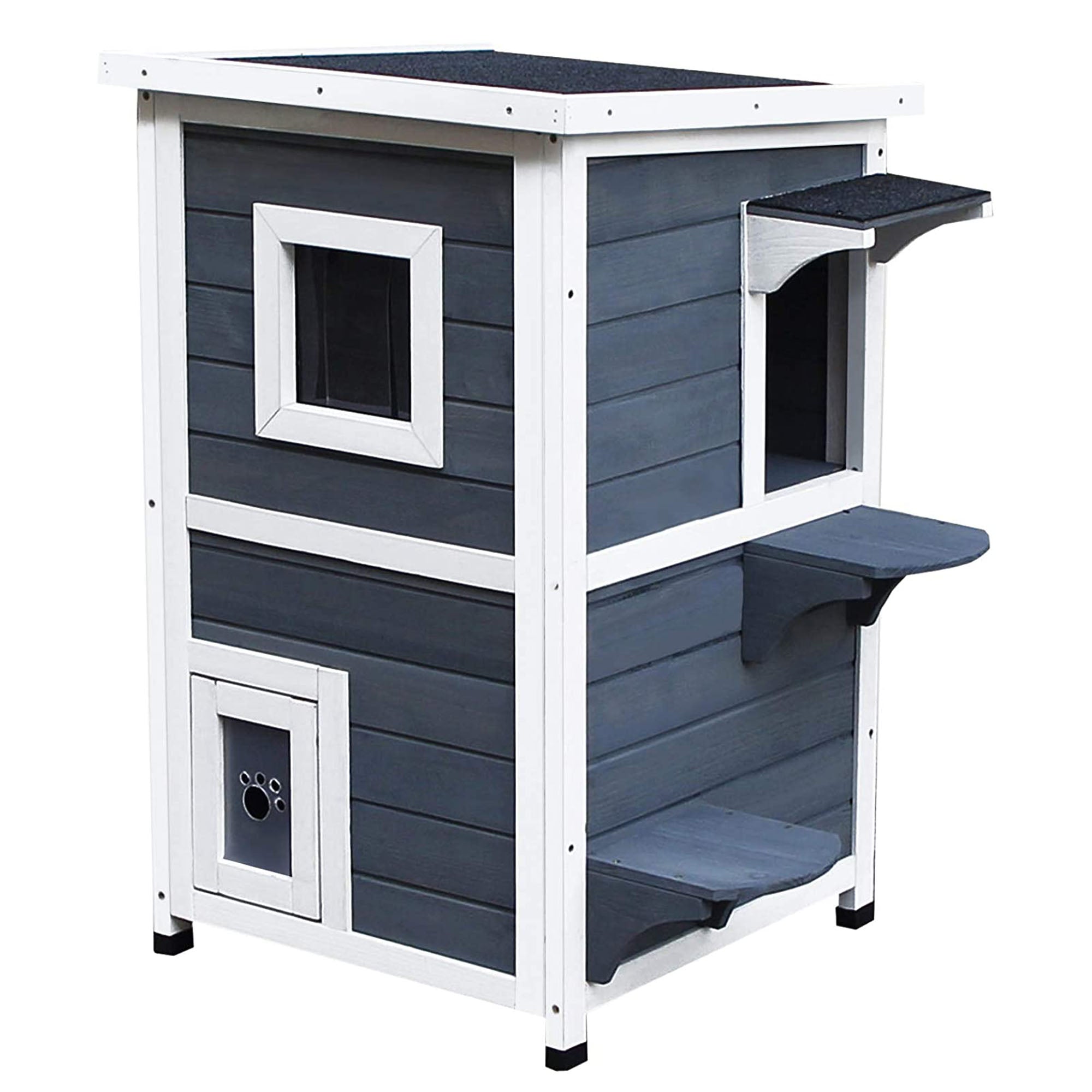 2-Story Waterproof Wooden Cat House, Outdoor Pet House with Opening Roof, 51x51x81.3cm - Borge' Group Limited
