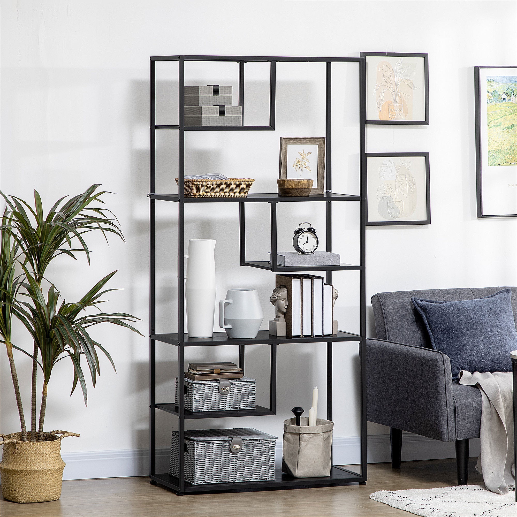 Mobile 7 -level bookcase in chipboard and steel for living room, bedroom and office, 83x34x180 cm, black - Borgè