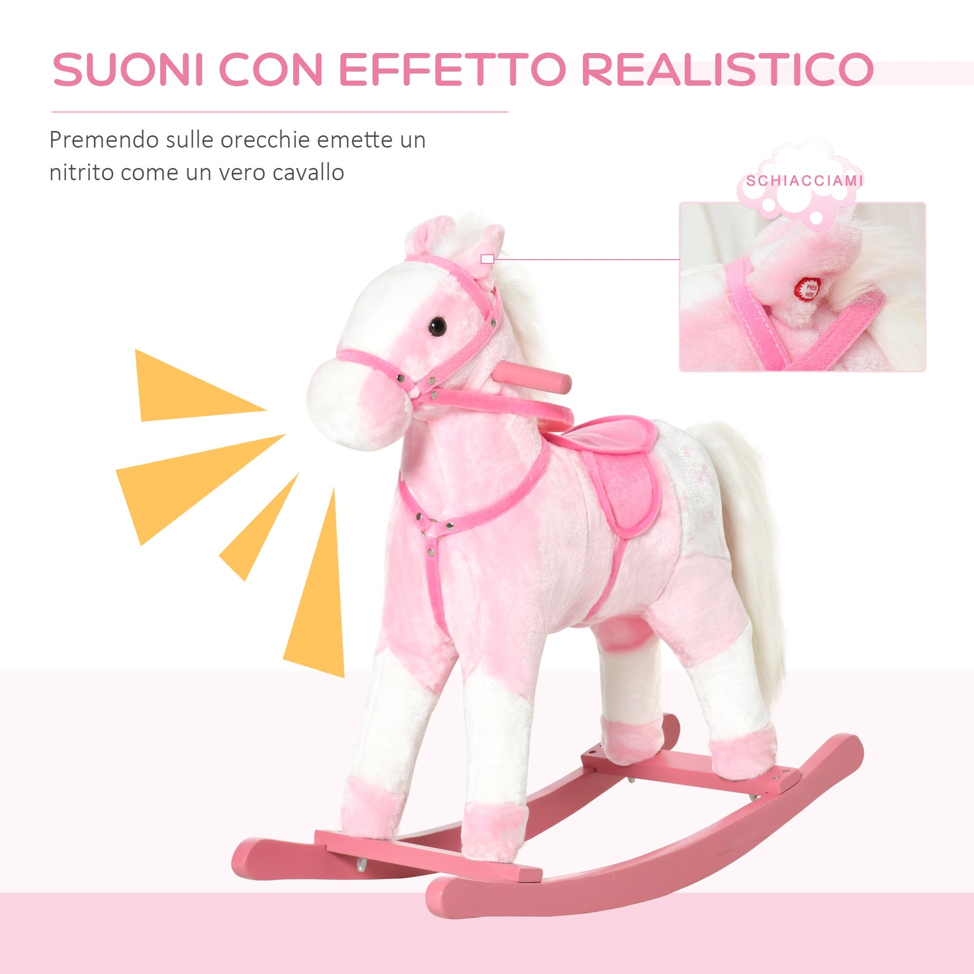 Homcom wooden horse in wood with animal sound toy gift for children 74 x 28 x 65cm pink - Borgè