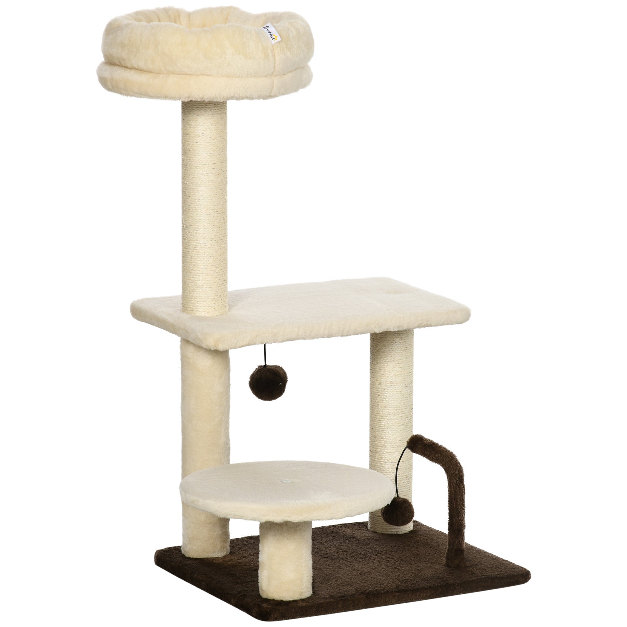 Scratching Tree with Sisal Pole, Perch and Play Balls, Chipboard and Plush, 44x38x74 cm - Borge' Group Limited