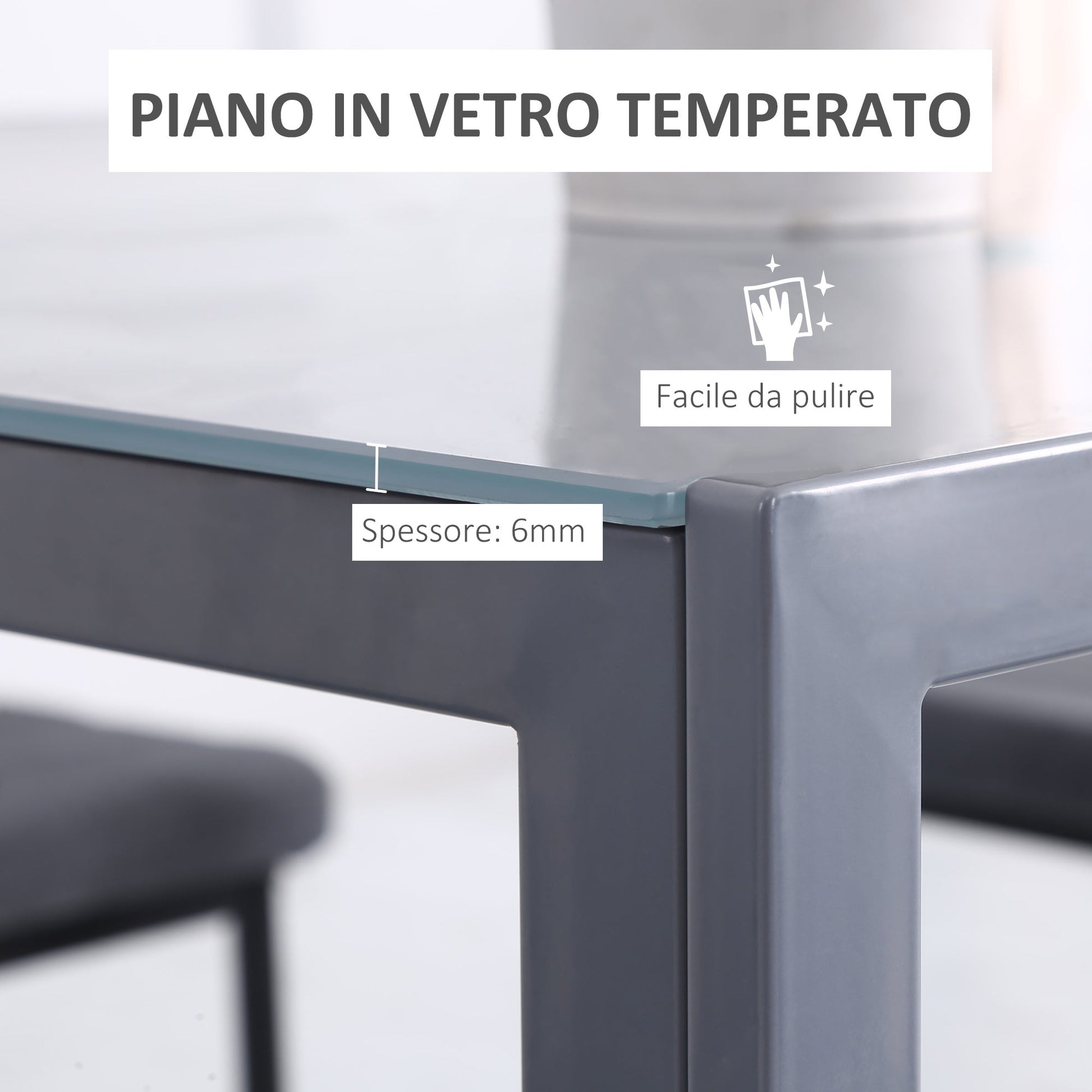 Square Table 4 Seater for Kitchen and Living Room, Modern Table in Metal and Tempered Glass, 75x75x75 cm, Grey - Borgè