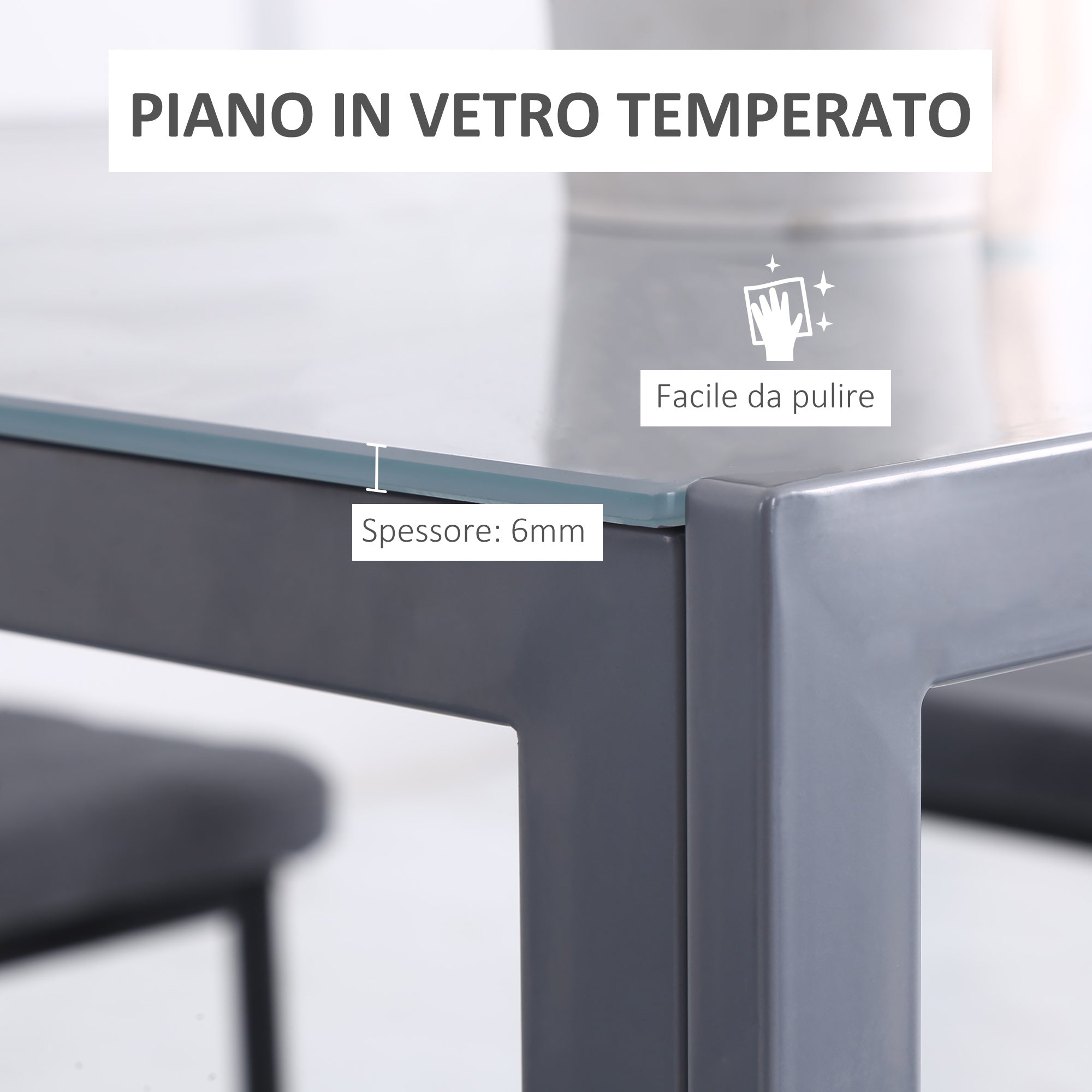 Square Table 4 Seater for Kitchen and Living Room, Modern Table in Metal and Tempered Glass, 75x75x75 cm, Grey - Borgè