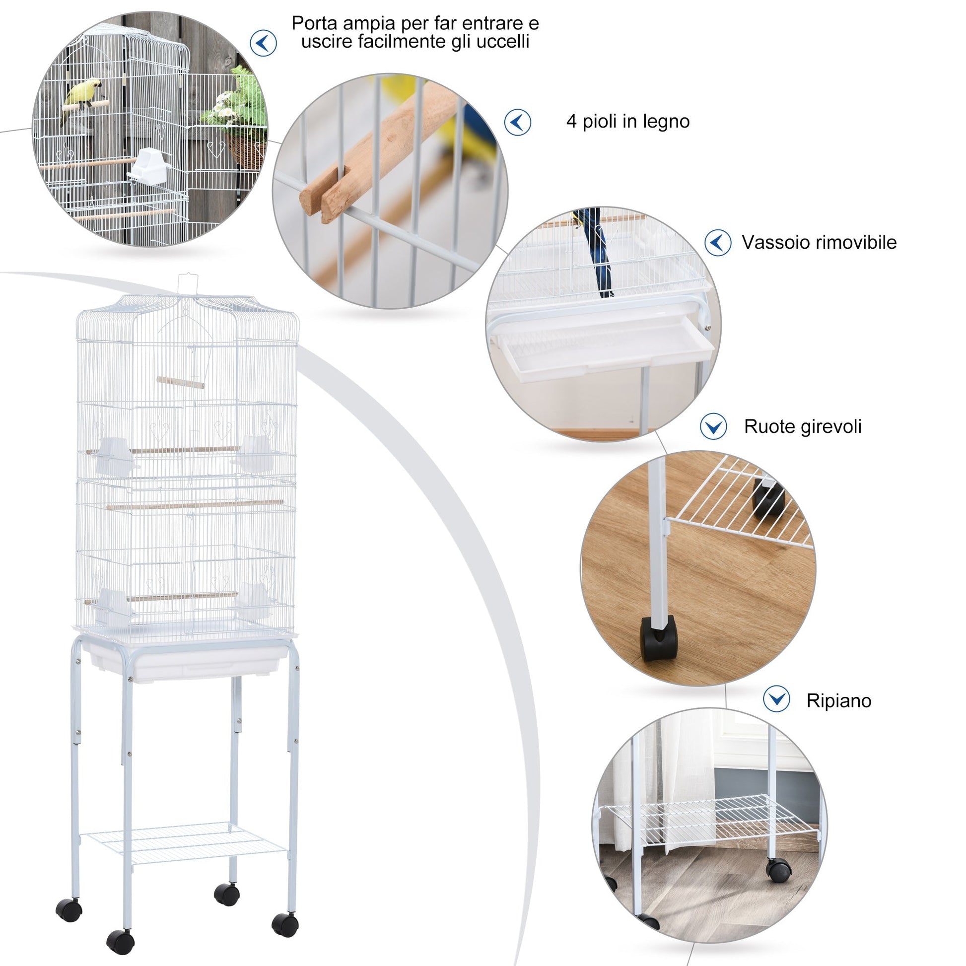 Pawhut bird cage, metal and steel aviary with wheels, tree and bowls, 46.5x36x157cm - white - Borgè