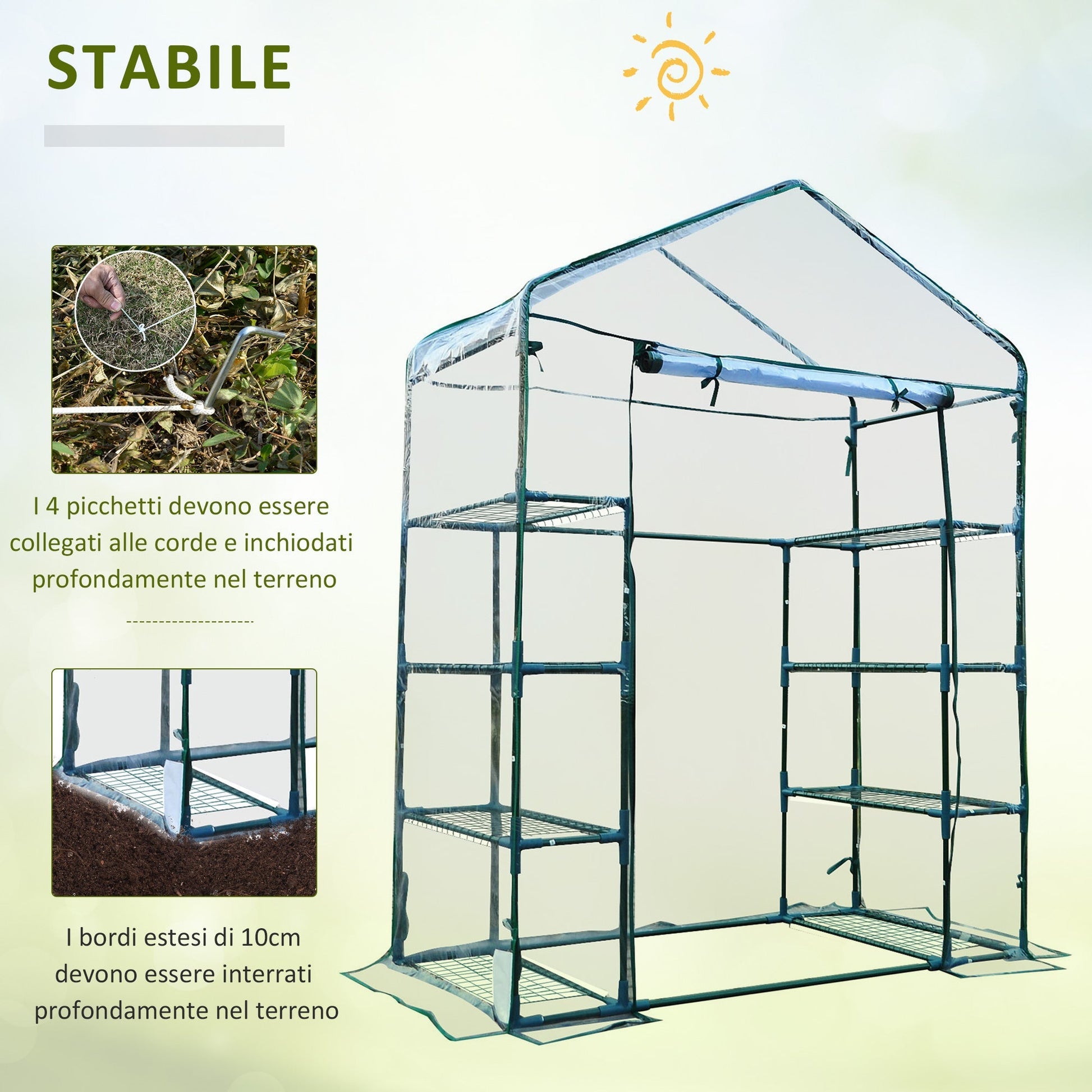 Outsunny Garden greenhouse in steel and transparent PVC with roller shit, 143x73x195 cm, green - Borgè