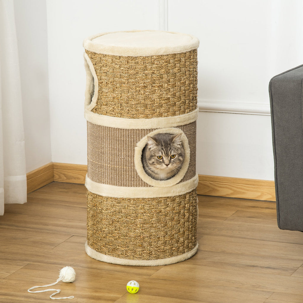 Cat House Cat Scratching Post Tower with 3 Niches, Sisal Rope and Seaweed, Plush Edge, Khaki and Brown - Borge' Group Limited