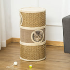 Cat House Cat Scratching Post Tower with 3 Niches, Sisal Rope and Seaweed, Plush Edge, Khaki and Brown - Borge' Group Limited