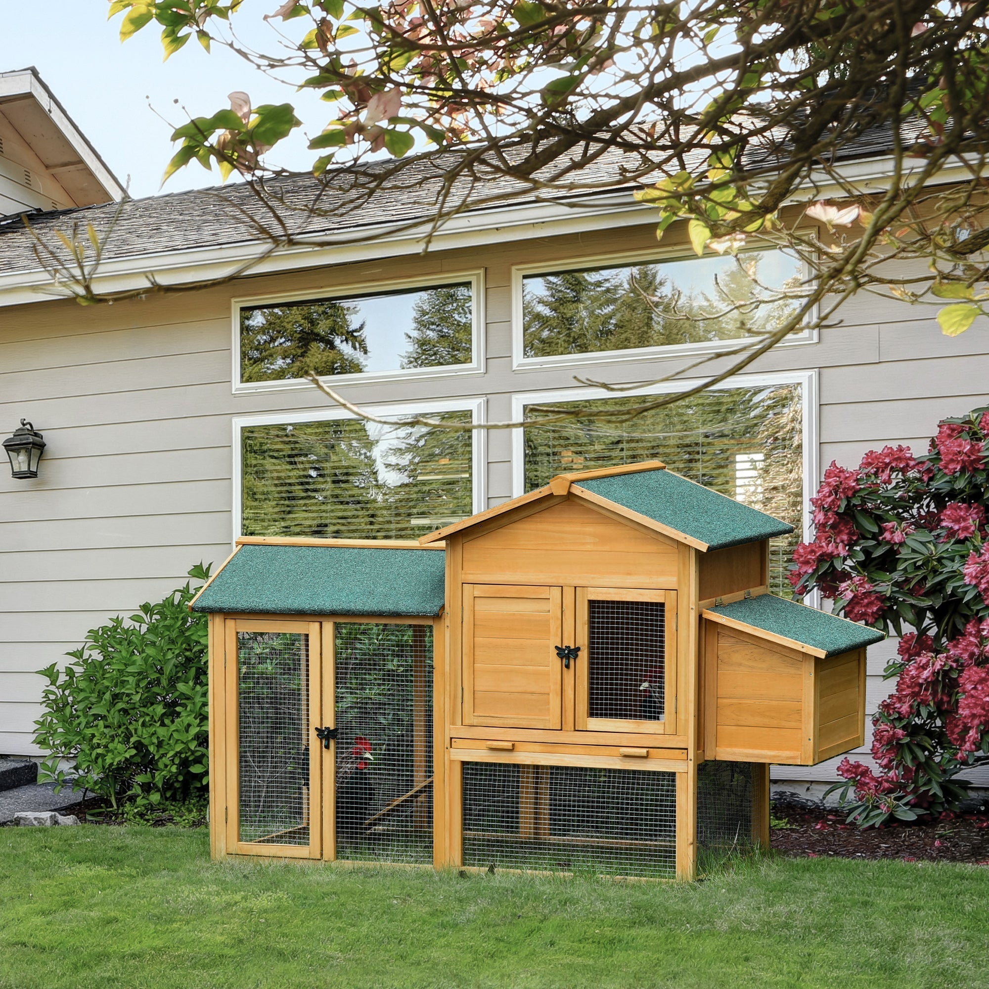 Chicken Coop with House and Open Area, Nest with Opening Roof and Wire Mesh, Yellow Wooden Chicken Coop, 168x75x103cm - Borge' Group Limited
