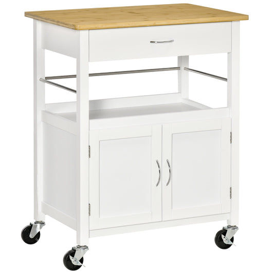 Kitchen Cart With Drawer of the locker and shelf, sparkle trolley with bamboo top and 4 wheels - White