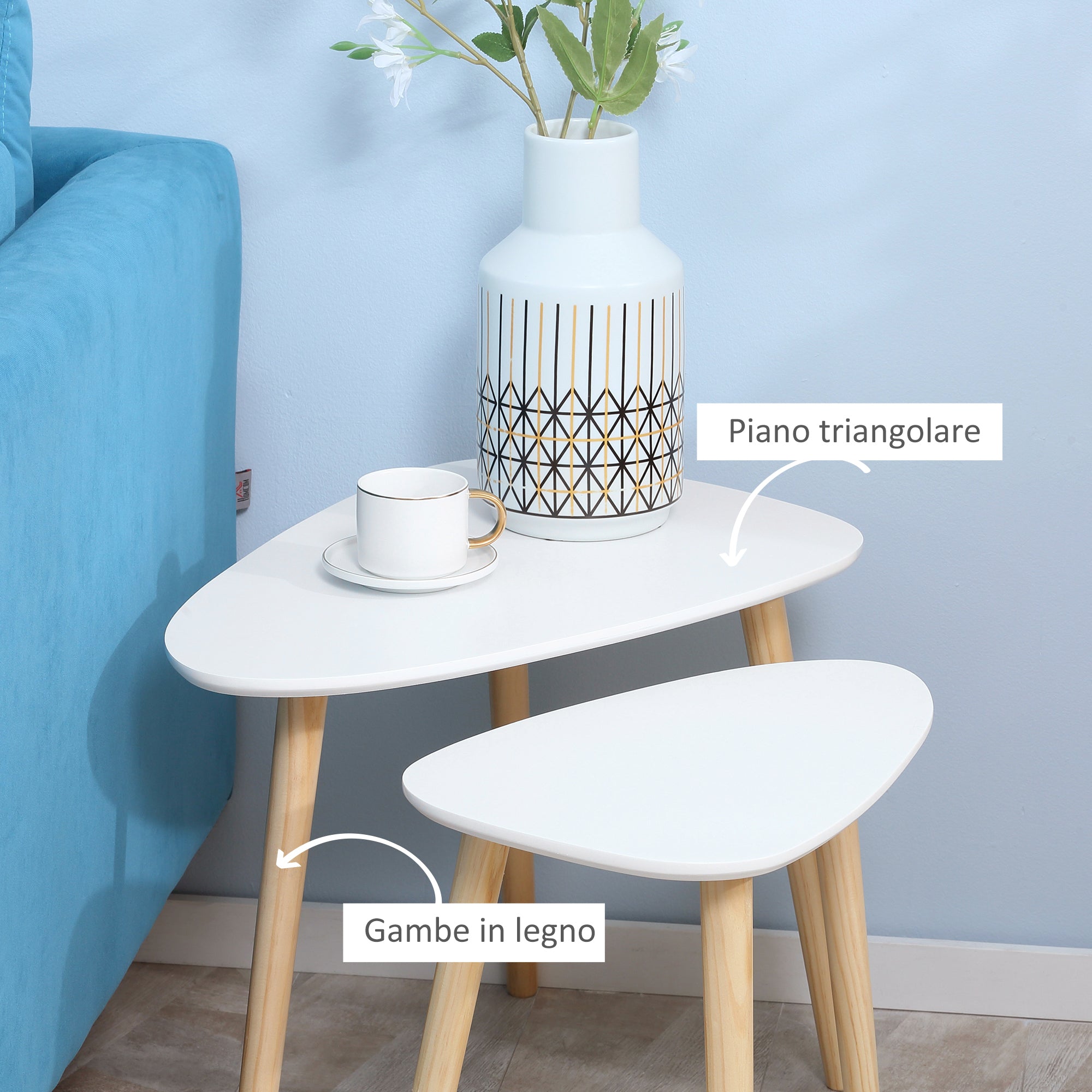 Set 2 Tavolini with a stackable Nordic style tables with wooden legs, white - Borgè